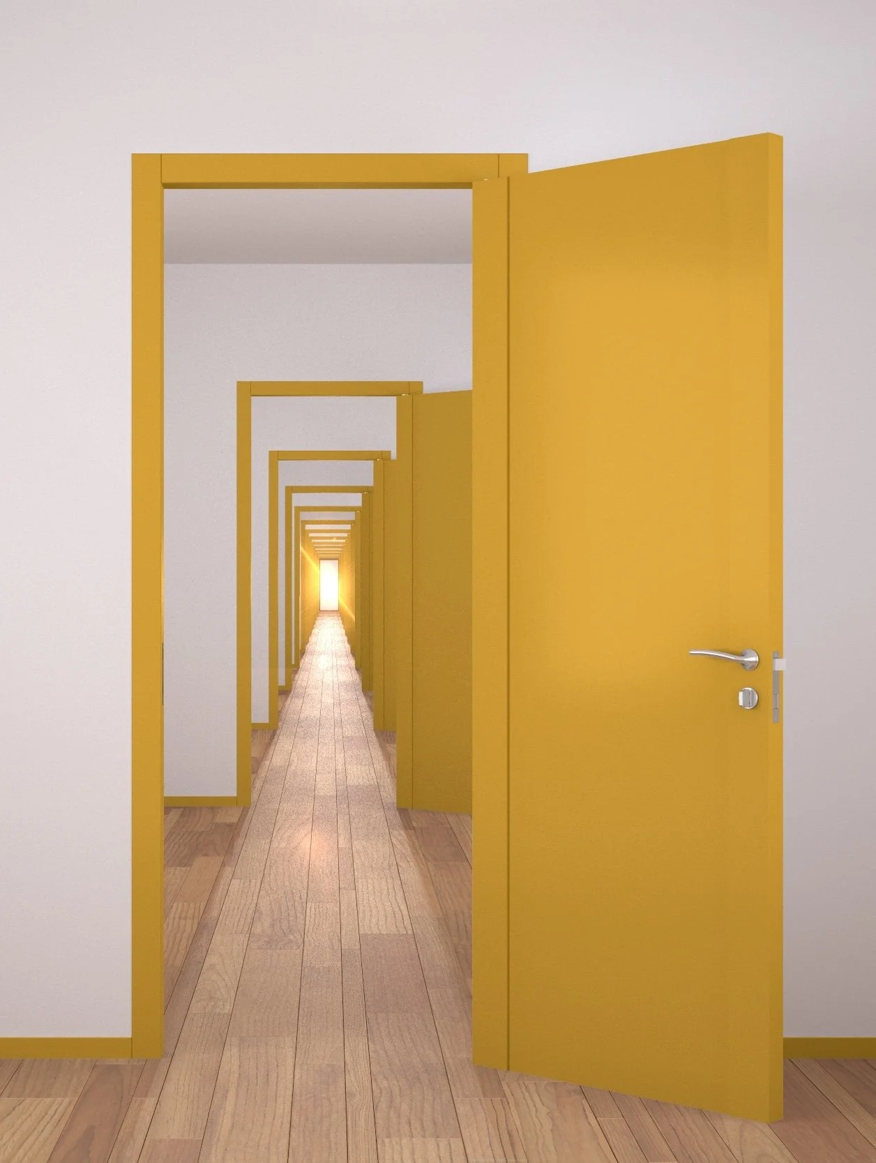 Open yellow door leading into a long hallway with multiple yellow doorways, creating a repeated pattern, with the hallway illuminated by bright light at the end.