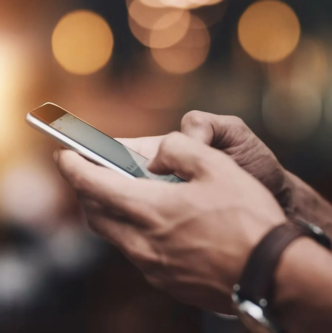 Close-up of a person holding and using a smartphone with a blurred background of warm lights.