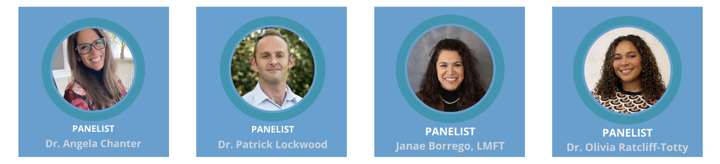 Four panelists' headshots with blue backgrounds, each with a circular photo frame. From left to right: Dr. Angela Chanter, a woman with long brown hair, glasses, and a floral top; Dr. Patrick Lockwood, a man with short light brown hair and a white shirt; Janae Borrego, LMFT, a woman with curly dark hair wearing a dark blazer; Dr. Olivia Ratcliff-Totty, a woman with curly brown hair in a patterned top.