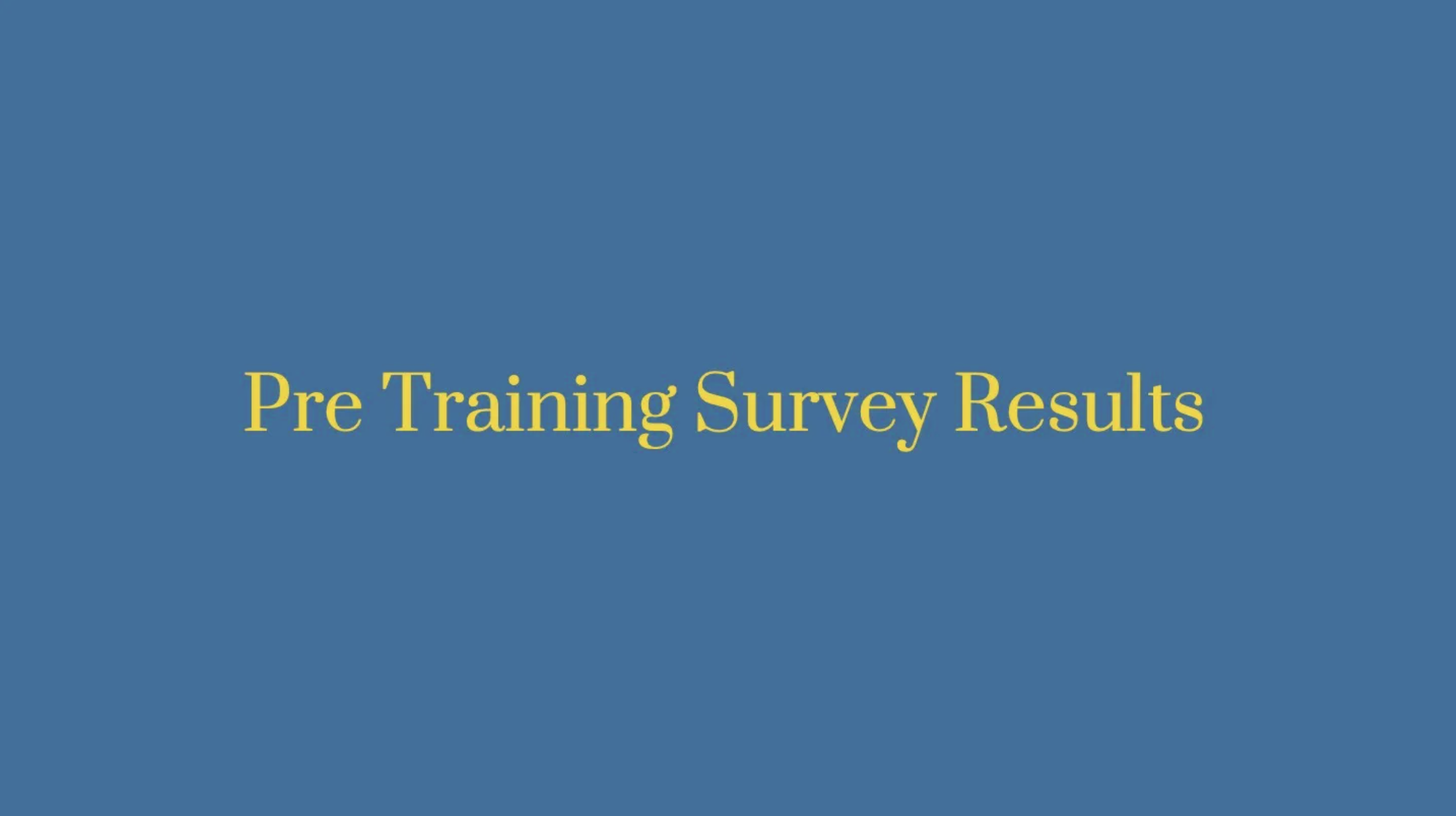Slide with blue background and yellow text reading 'Pre Training Survey Results'.