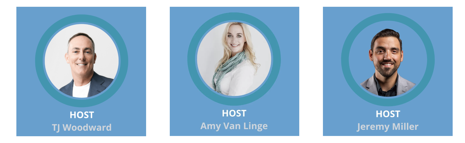 Profile images of three hosts of Emergence, TJ Woodward, Amy Van Linge, and Jeremy Miller.