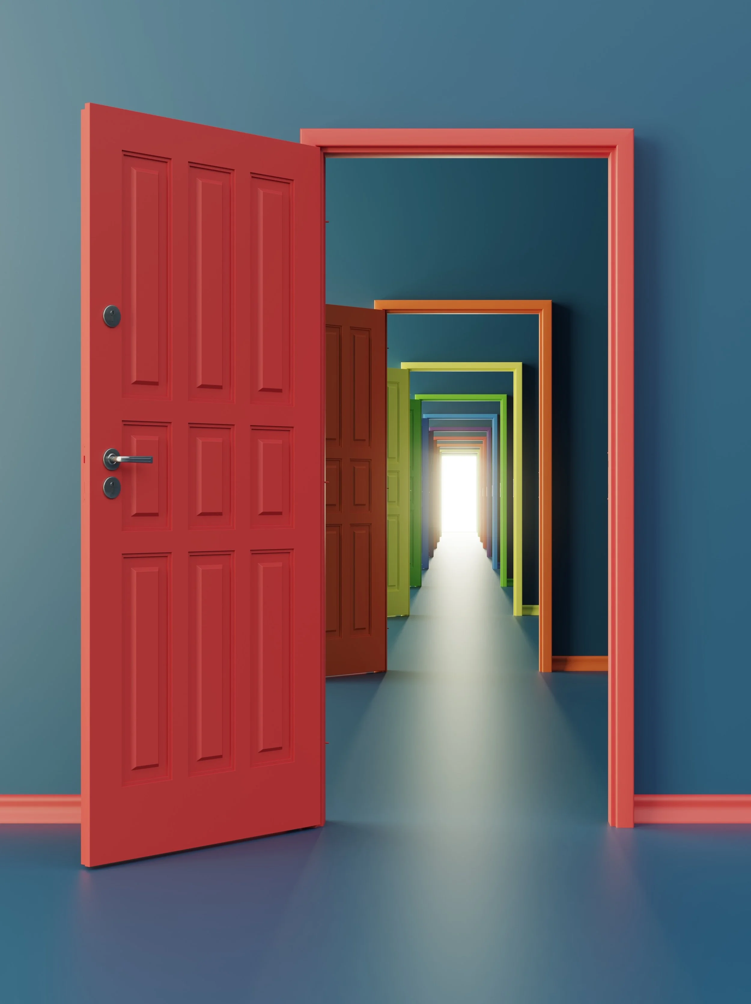 Multiple colorful doors aligned to create a tunnel effect, leading to a bright light at the end.