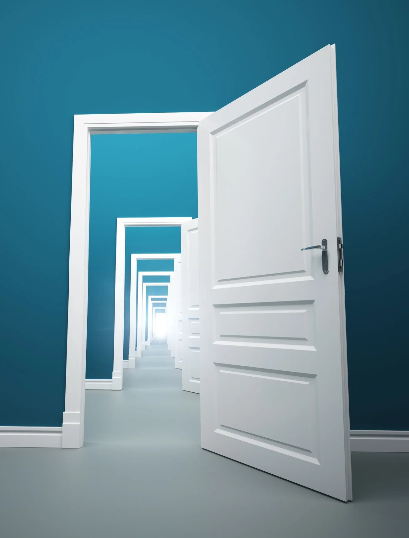 Series of open white doors inside a room with blue walls creating a visual effect of infinite doorways.