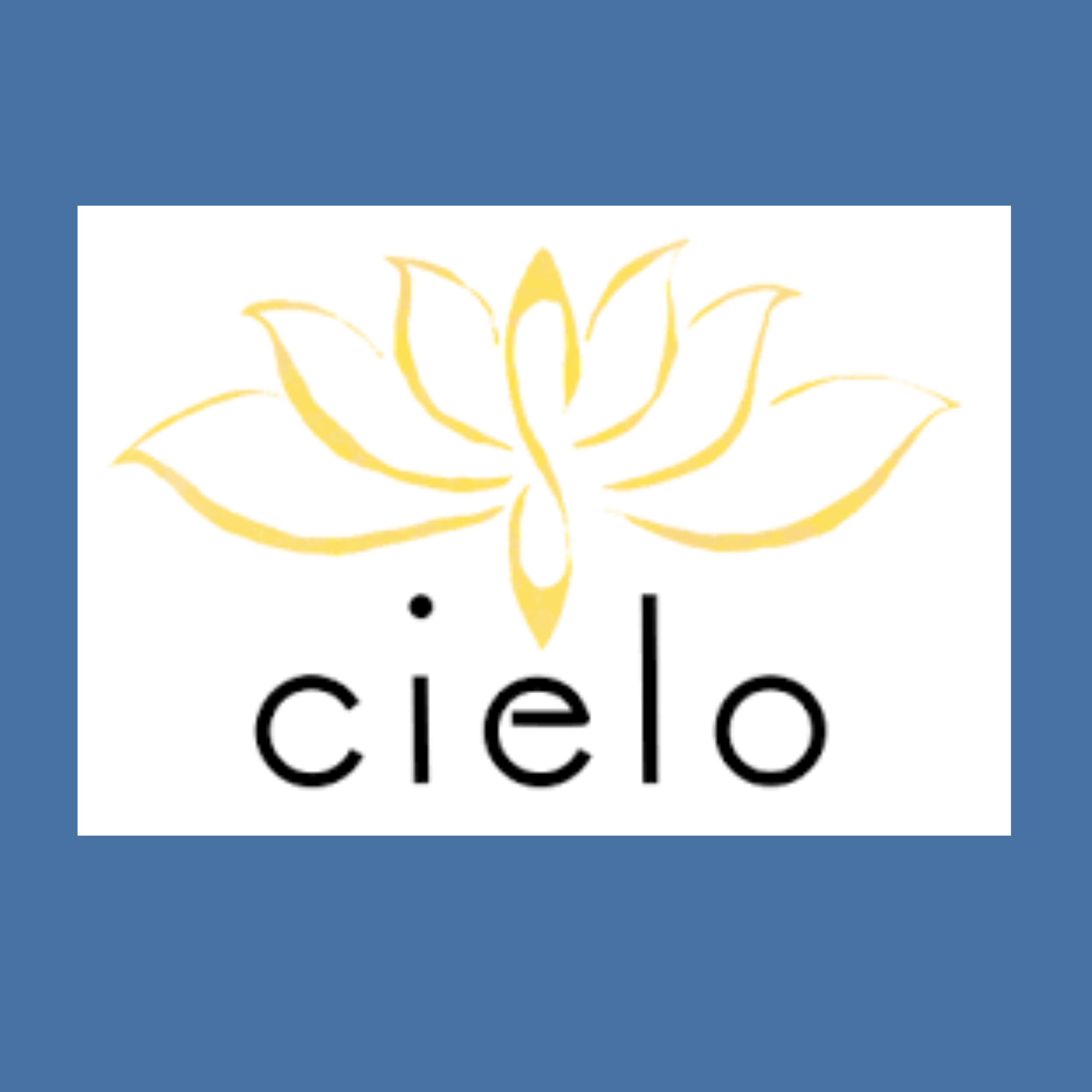 Logo featuring a yellow lotus flower above the word 'cielo' in black lowercase letters, set against a white background with a blue border.