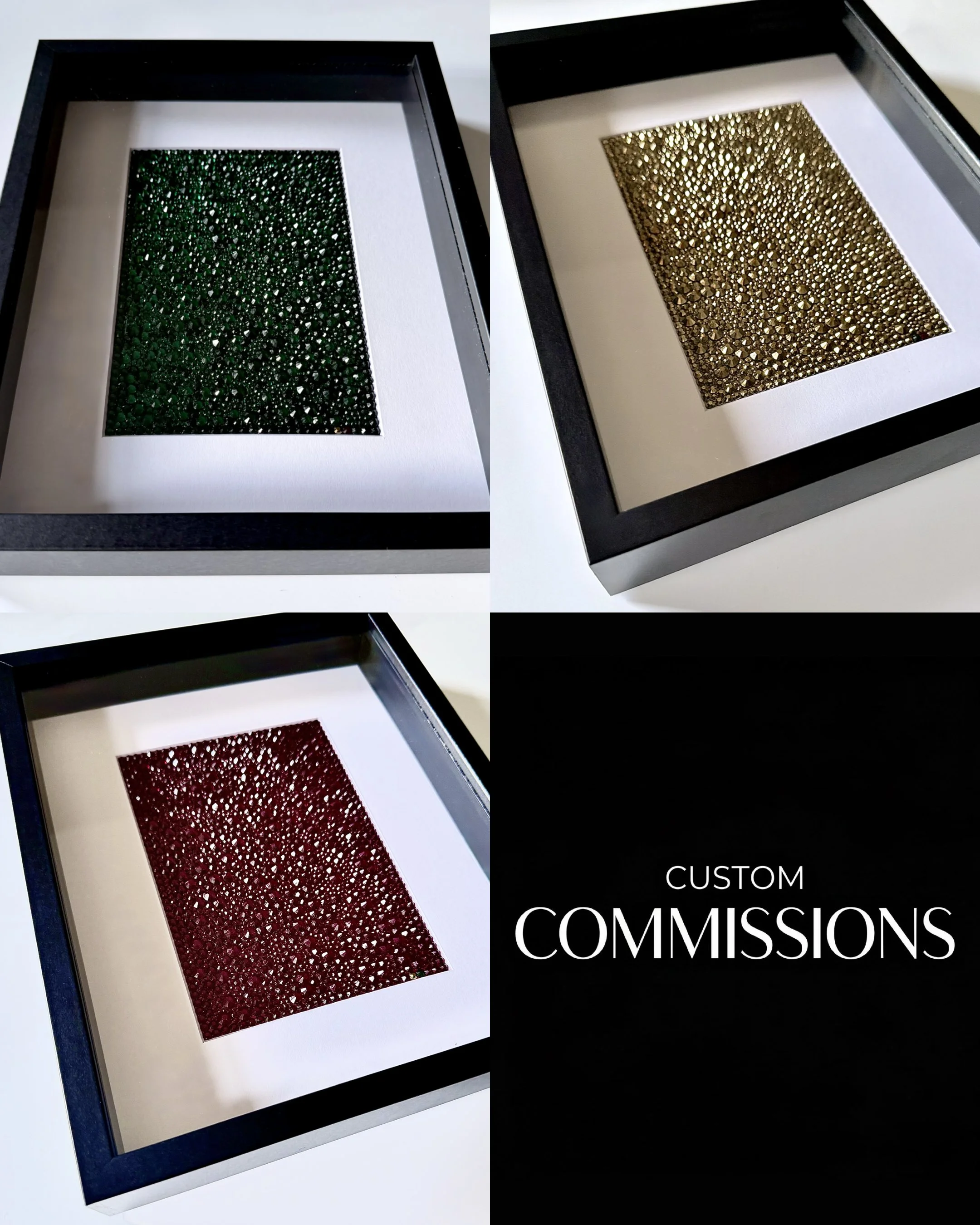 Three framed rhinestone art pieces in crimson, emerald, and gold and a custom commissions title card.