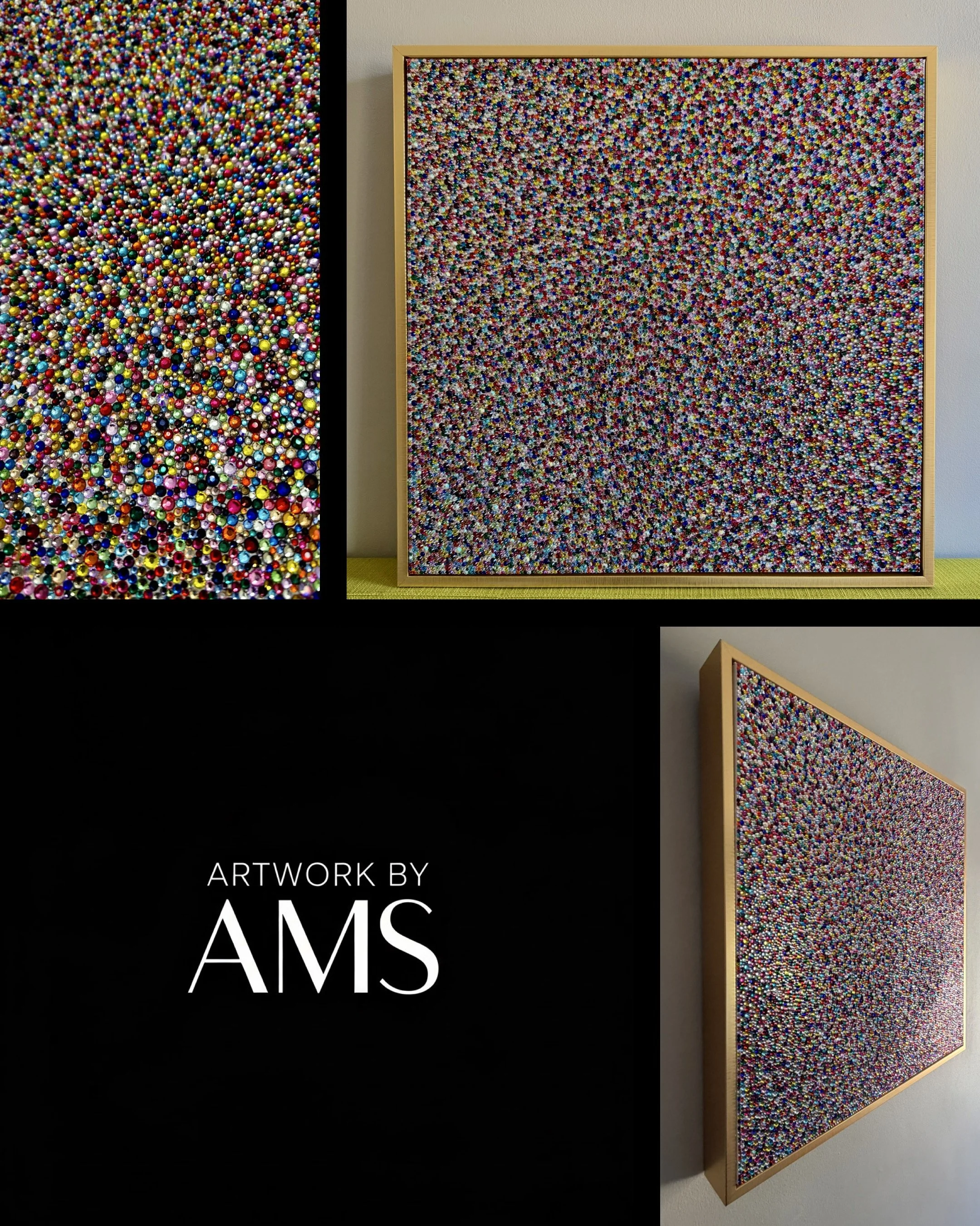 "Panic" by Artwork by AMS: Composite of a sculptural panel with 10,000+ hand-placed multicolored glass rhinestones in a gold frame. Includes macro texture, front-facing, and side-profile views showing 3D depth and shimmer. 'Artwork by AMS' logo.