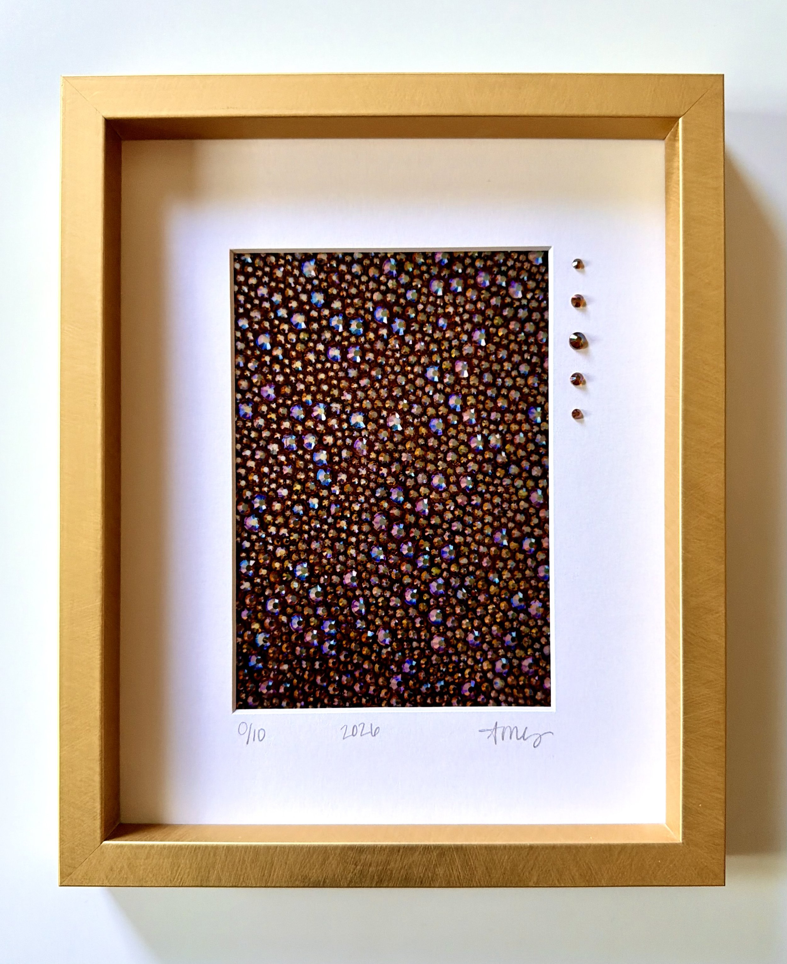 Gold framed 5x7 macro print of 'Gluttony' matted to 8x10, featuring hand-placed glass rhinestones on the mat.
