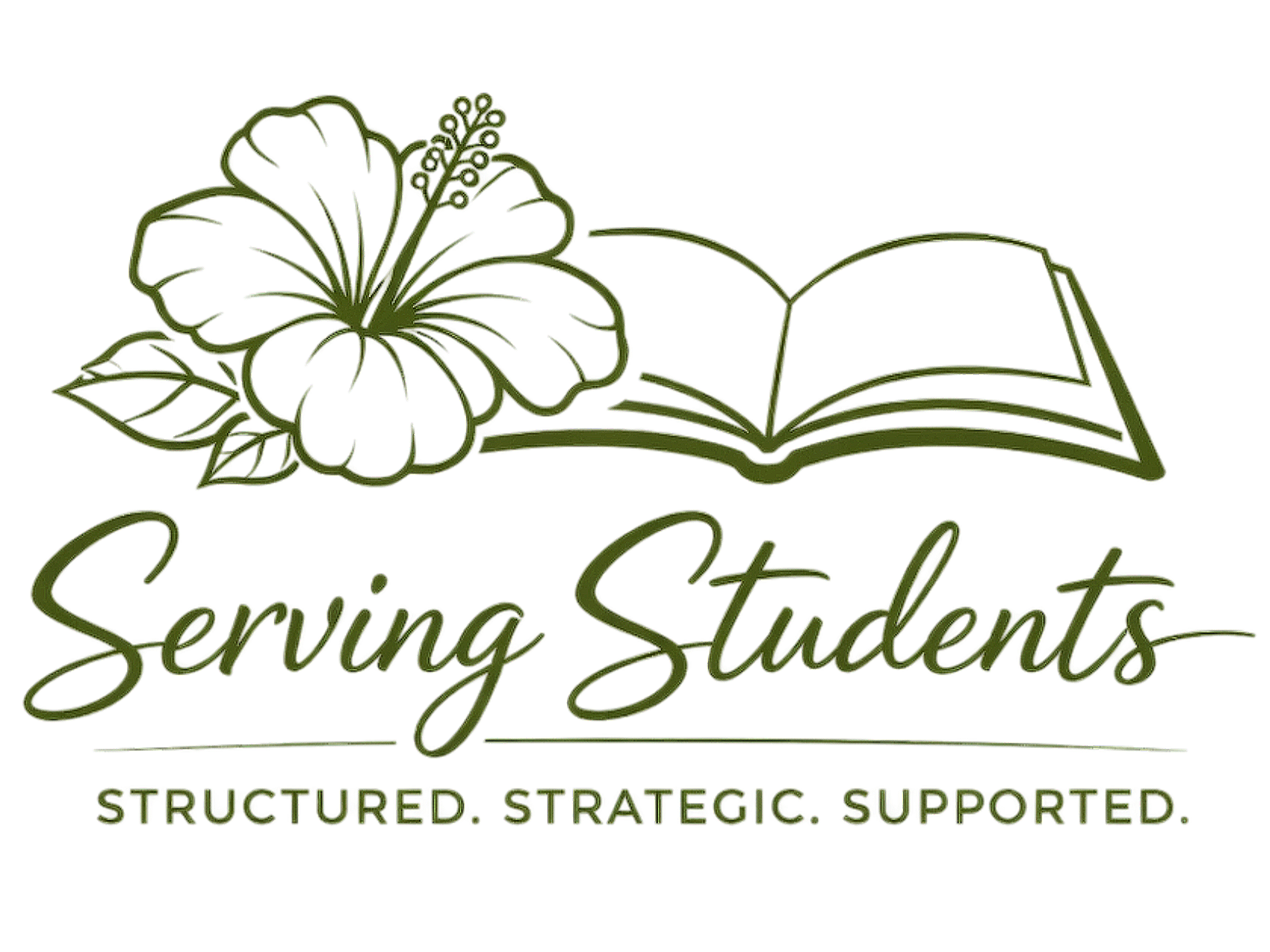 Logo with a hibiscus flower, an open book, and text that says 'Serving Students' and 'Structured, Strategic, Supported'.
