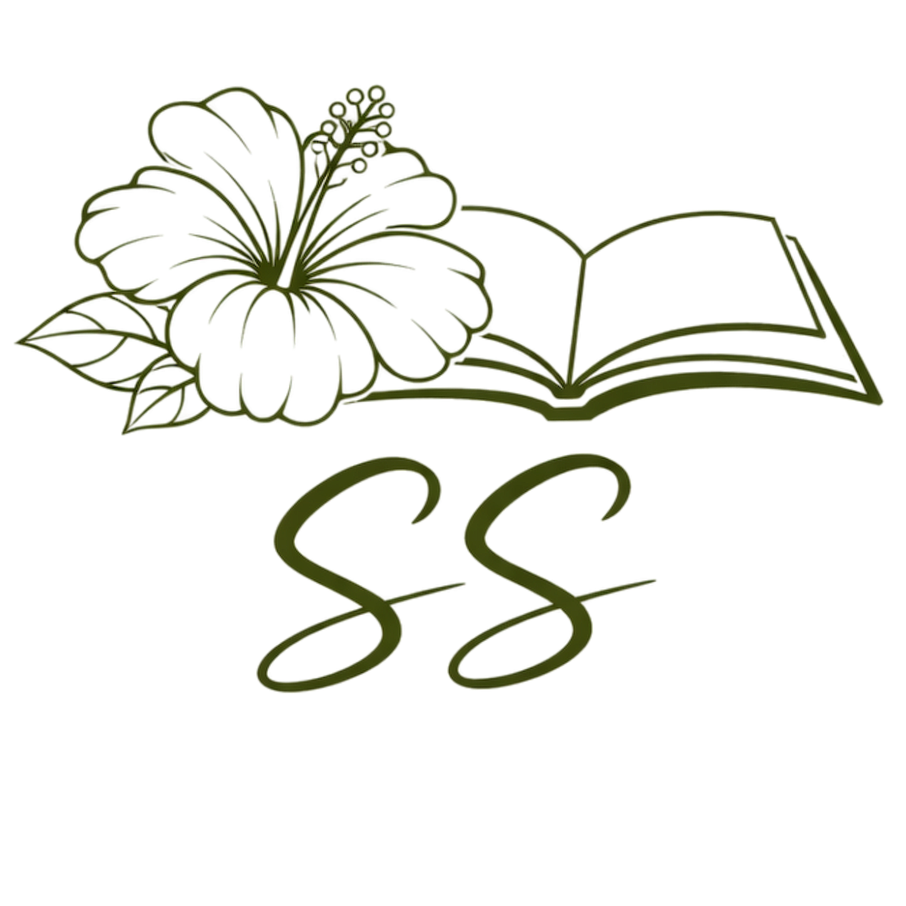 Outline of a hibiscus flower and an open book, with a dollar sign below.