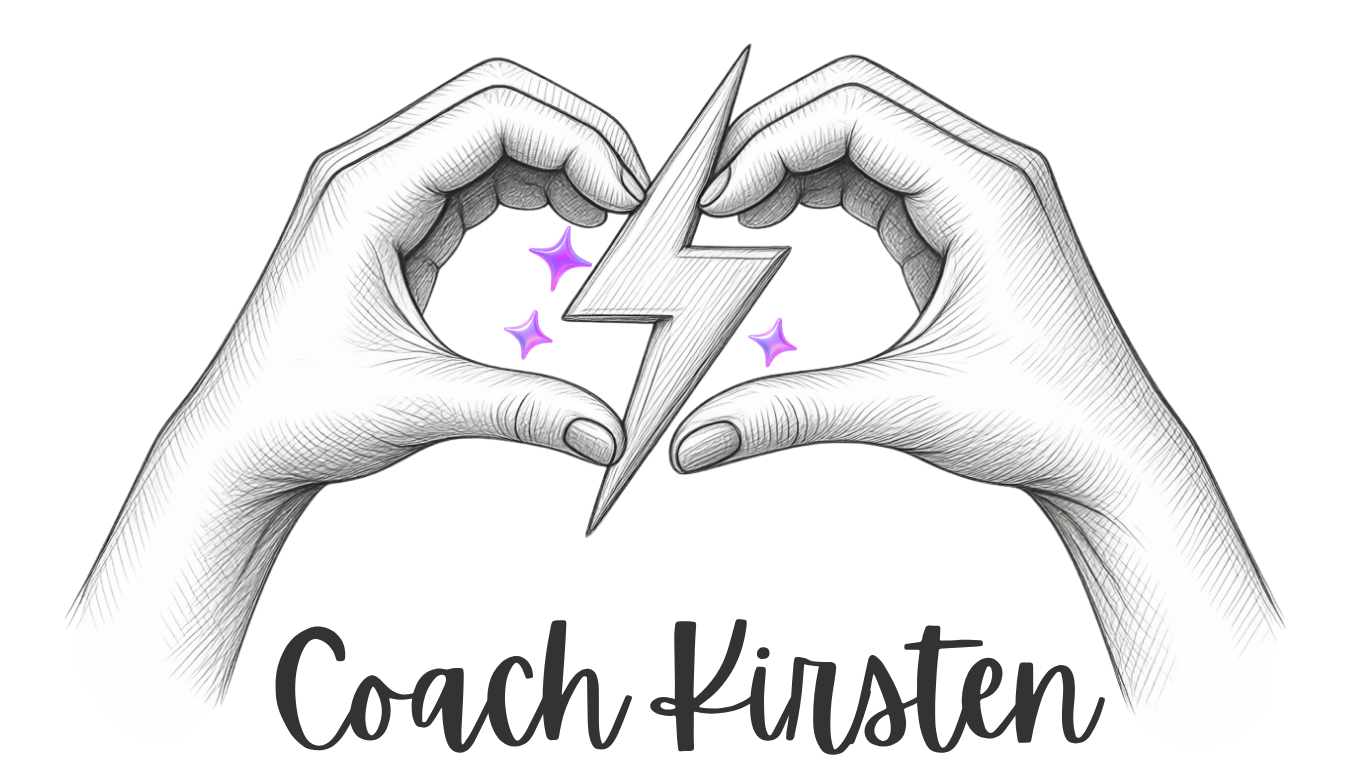 Two hands form a heart shape around a lightning bolt symbol, with purple sparkles in the background.