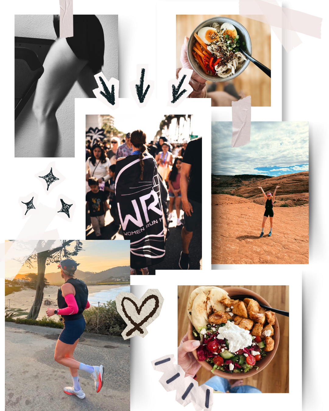 Collage of outdoor and running activities, food, and scenic landscapes. Photos include a woman running on a trail at sunrise, a group of women at a race event, a person holding a bowl of ramen, a woman standing on red rocks with arms raised, and a hand holding a colorful salad bowl.