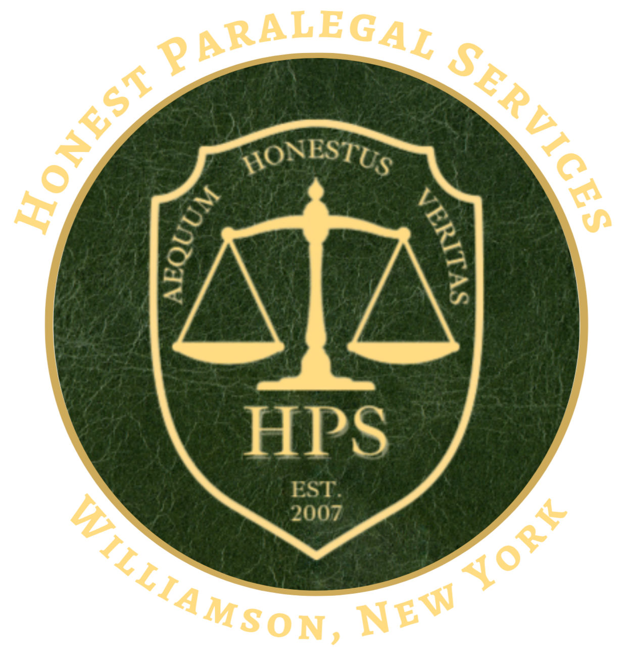 A circular emblem with a green background and beige border. Inside, there is a scale symbol in the center, with the words "ABQQU M HONEST US VERITAS" curved around its top and the letters "HPS" in large font below the scale. The emblem also includes the text "EST. 2007" at the bottom.