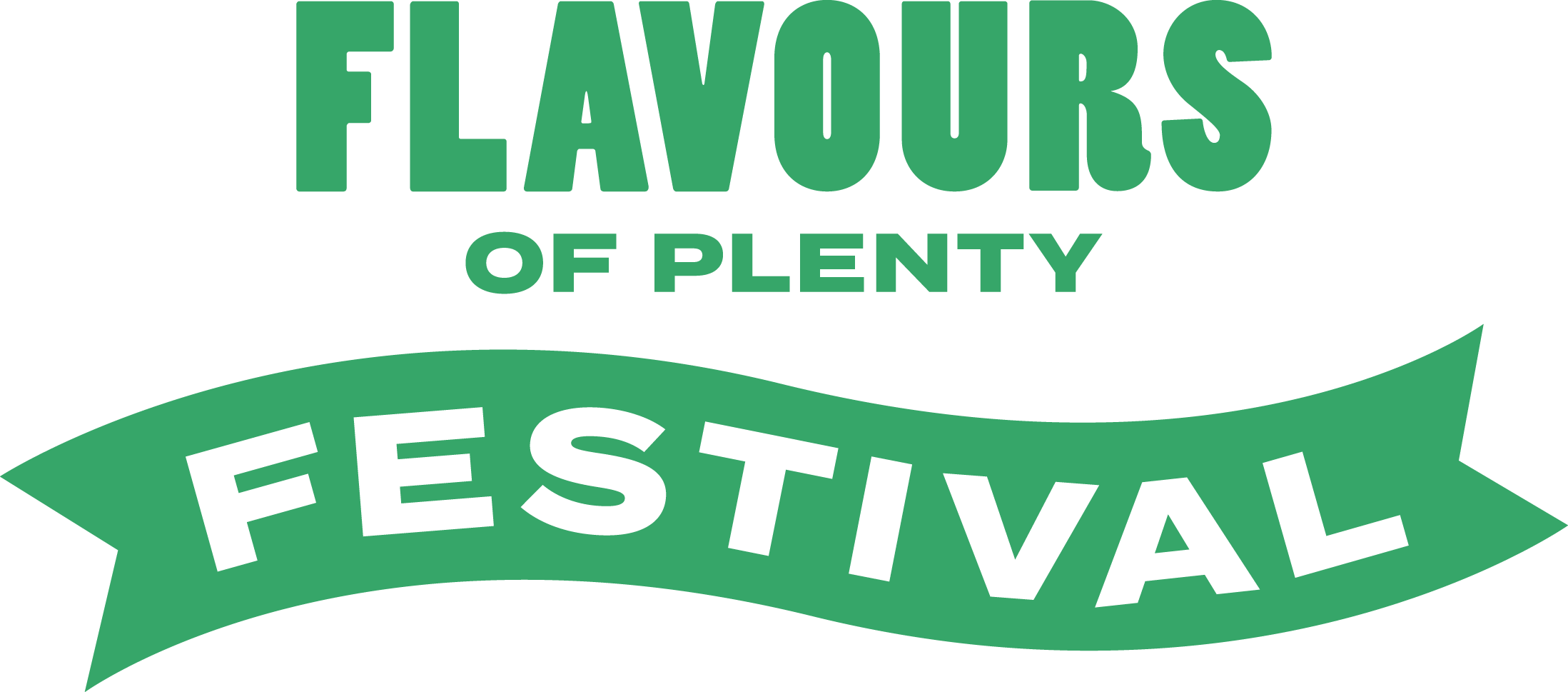 Logo for the Flavors of Plenty Festival, with green text and a green ribbon banner.