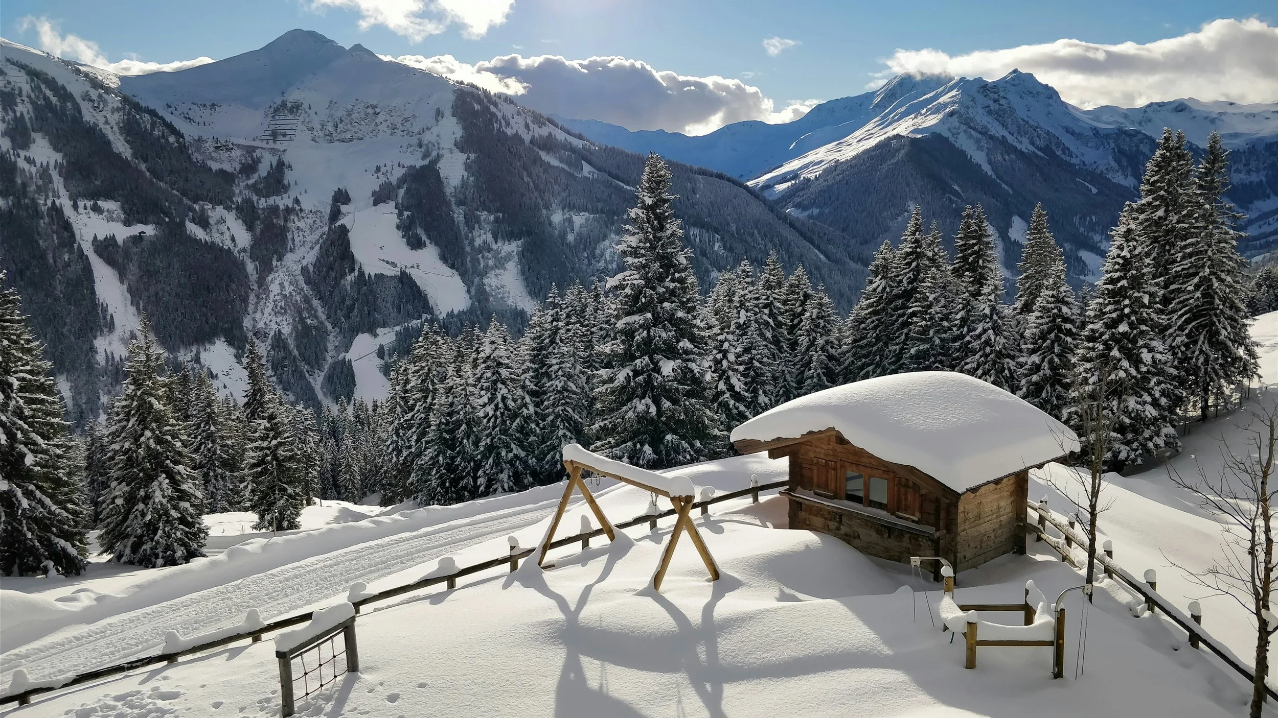 Schneebedecktes Chalet in den Bergen mit Tannenbäumen und einem winterlichen Spielplatz im Vordergrund, im Hintergrund hohe verschneite Berge und bewölkter Himmel.