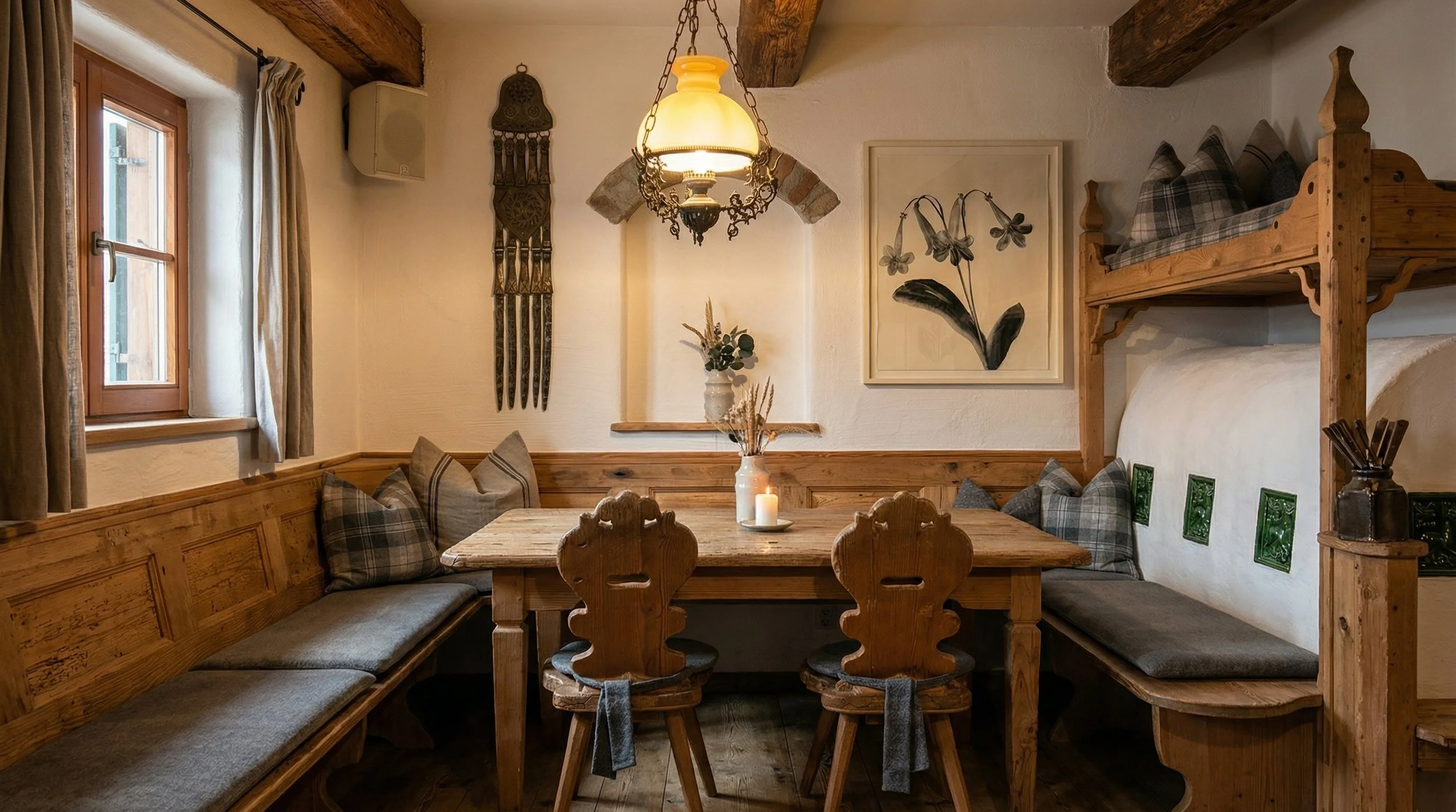 Stube im Forsthaus Wartenfels mit Tisch, Sitzbank und Kachelofen