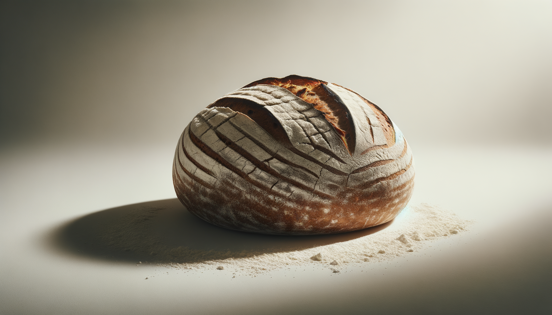 A loaf of artisanal bread with a rustic, cracked crust, sitting on a surface with a slight shadow and a dusting of flour.