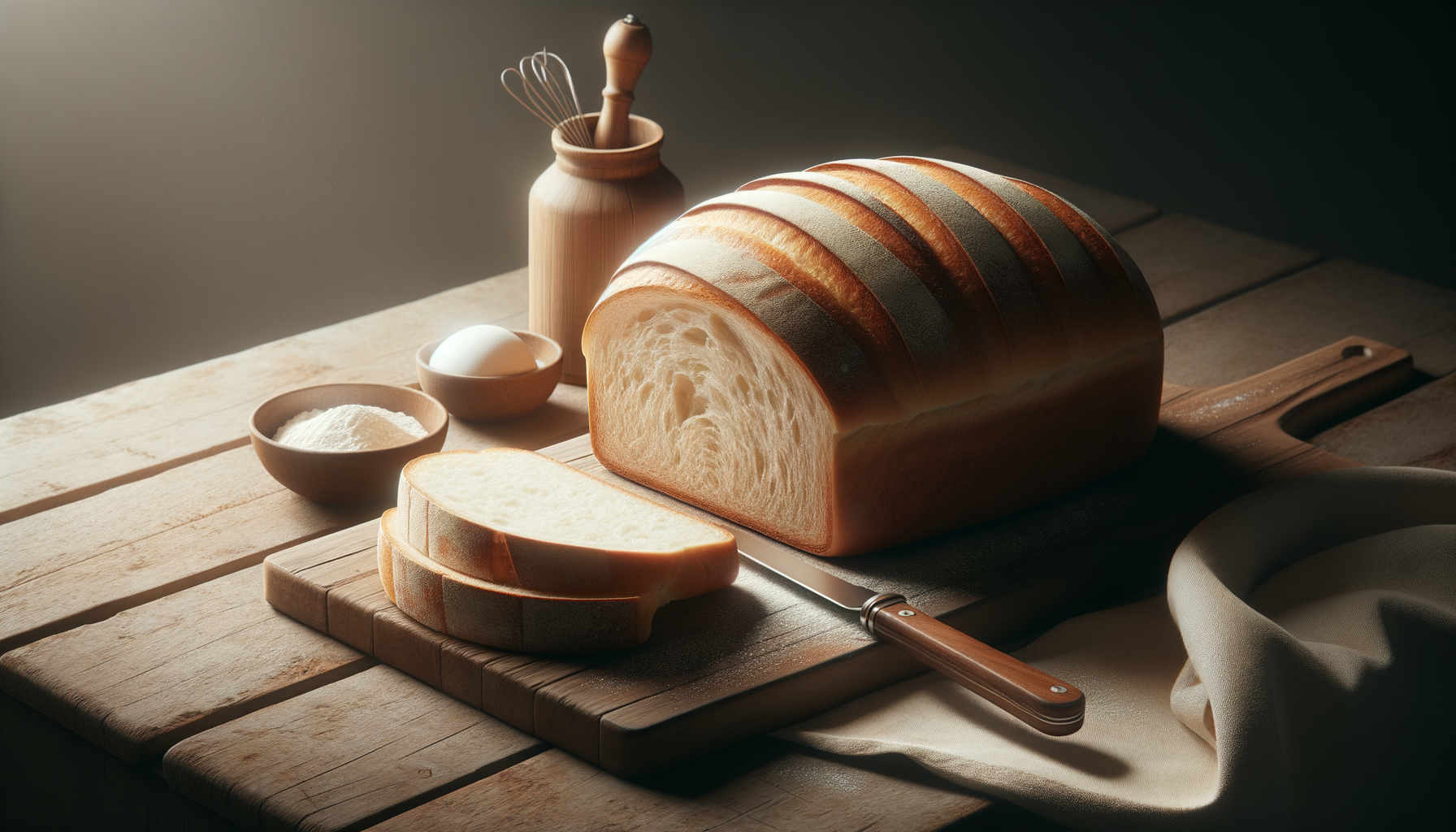 Sliced loaf of bread on a wooden cutting board with a bread knife, accompanied by a bowl of flour, a bowl with a raw egg, and a ceramic container with kitchen utensils, all on a rustic wooden table.