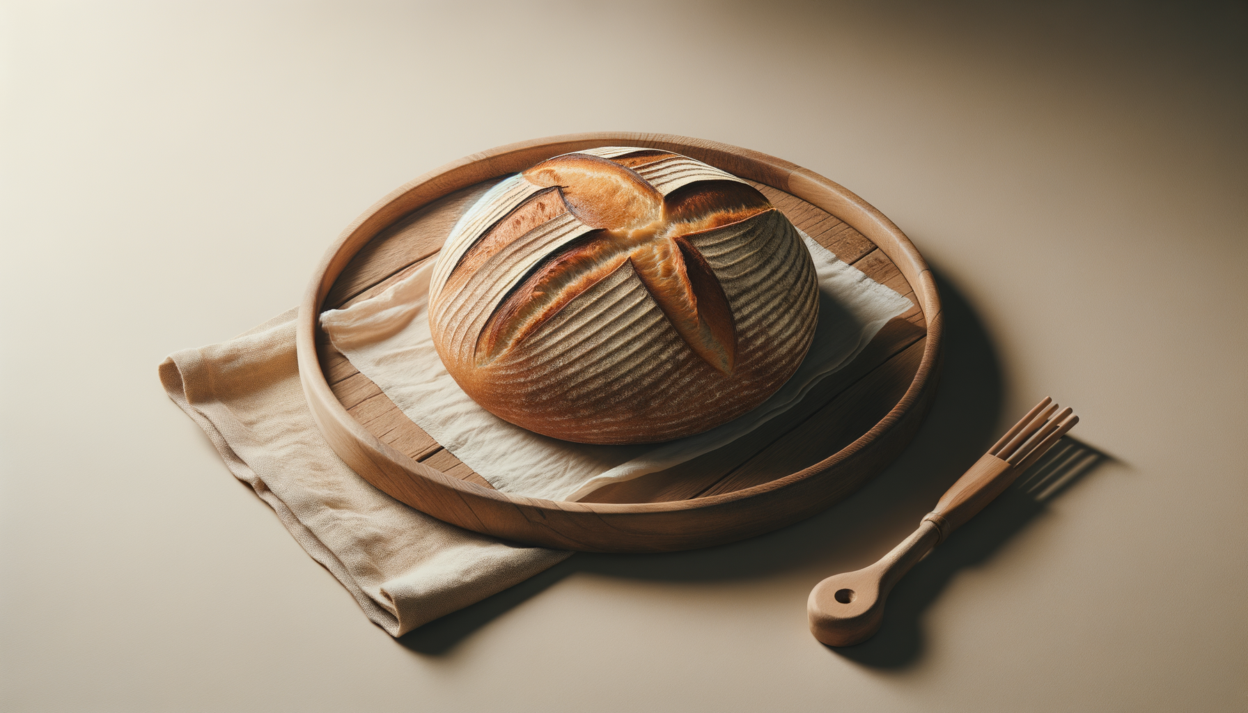 Round loaf of bread with a decorative slash pattern on top, placed on a wooden tray with a cloth underneath, and a beige fork on the side.
