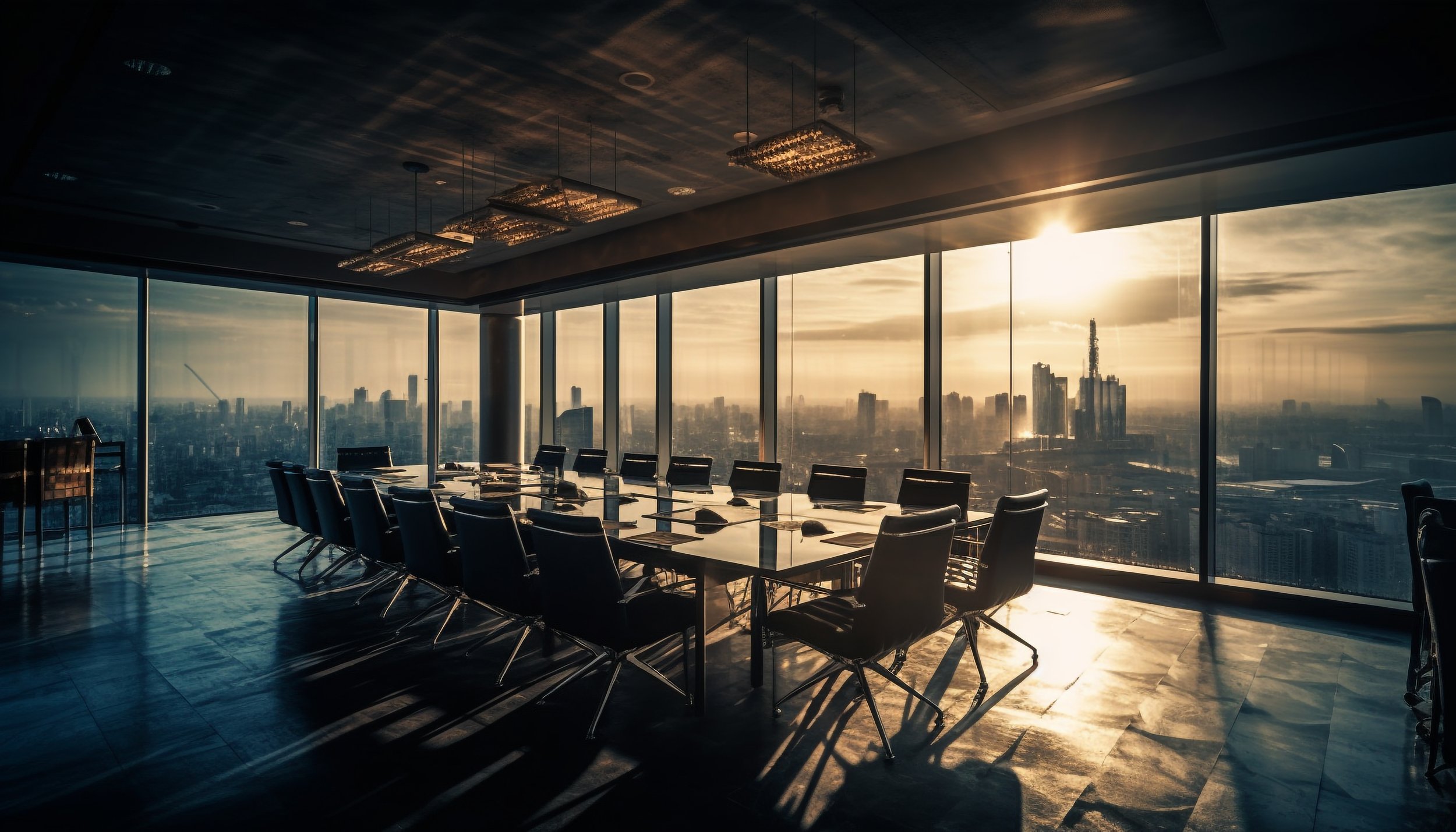 Sala de reunião com mesa de vidro e cadeiras, vista de grandes janelas com skyline da cidade ao pôr do sol.