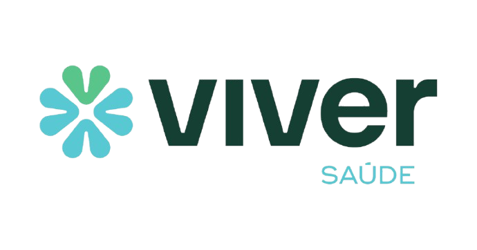 Logo com símbolo de uma flor estilizada feita com quatro corações, nas cores verde, azul claro e azul escuro, ao lado do texto 'Viver Saúde'.