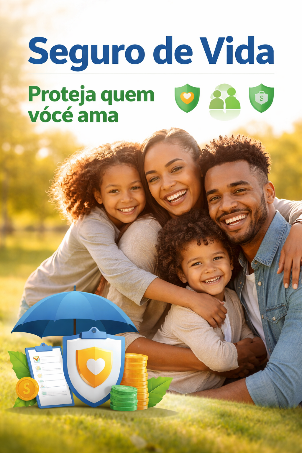 Família sorridente ao ar livre com elementos gráficos de seguro de vida, incluindo escudo, guarda-chuva, folhas, moedas e uma lista de verificação.