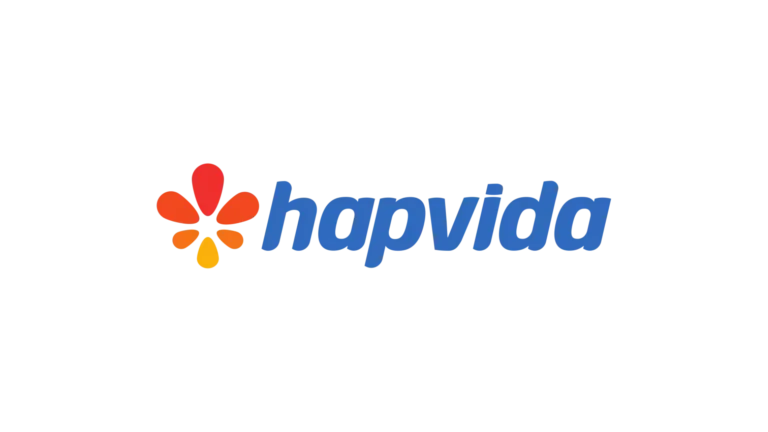 Logotipo da hapvida com pétalas em cores vermelha, laranja e amarela ao redor do nome hapvida em azul