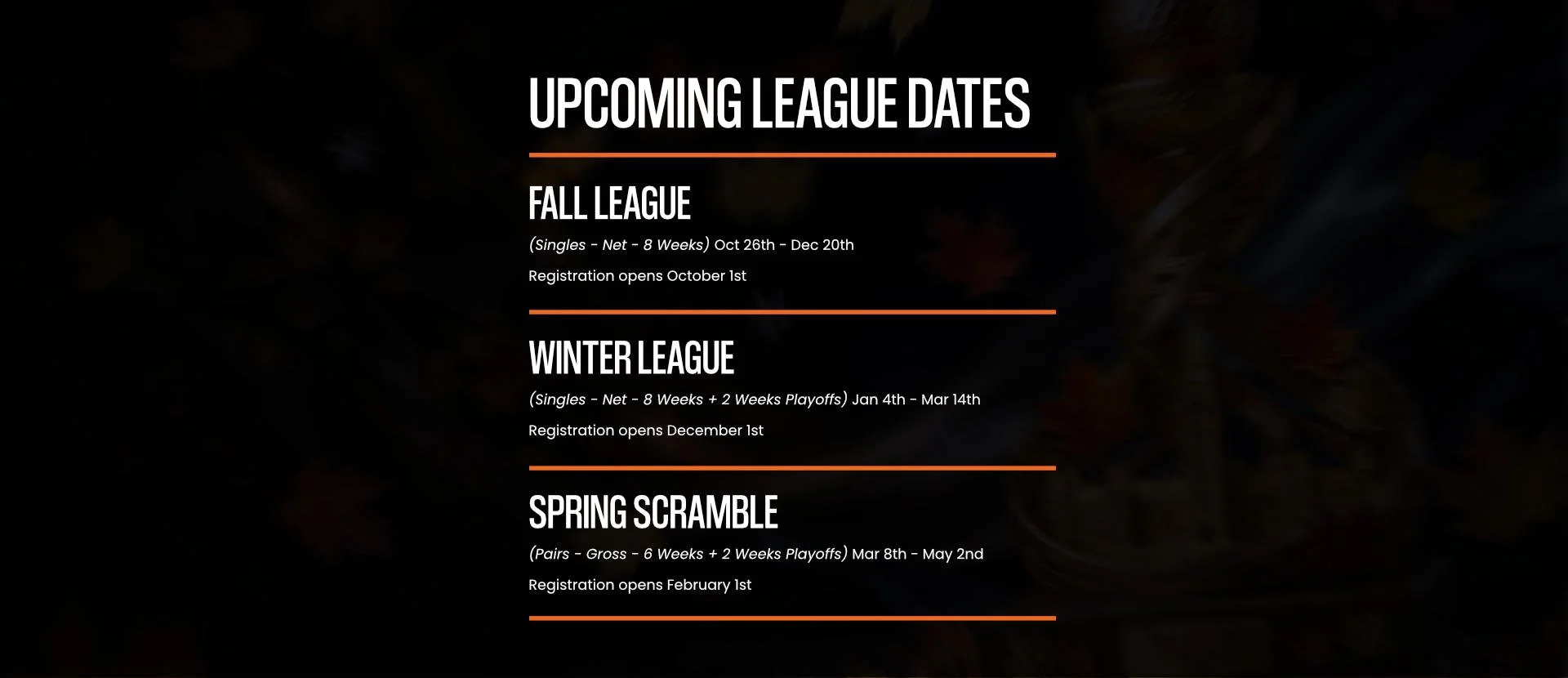 Image showing all of Bandit Golfs upcoming winter league dates.