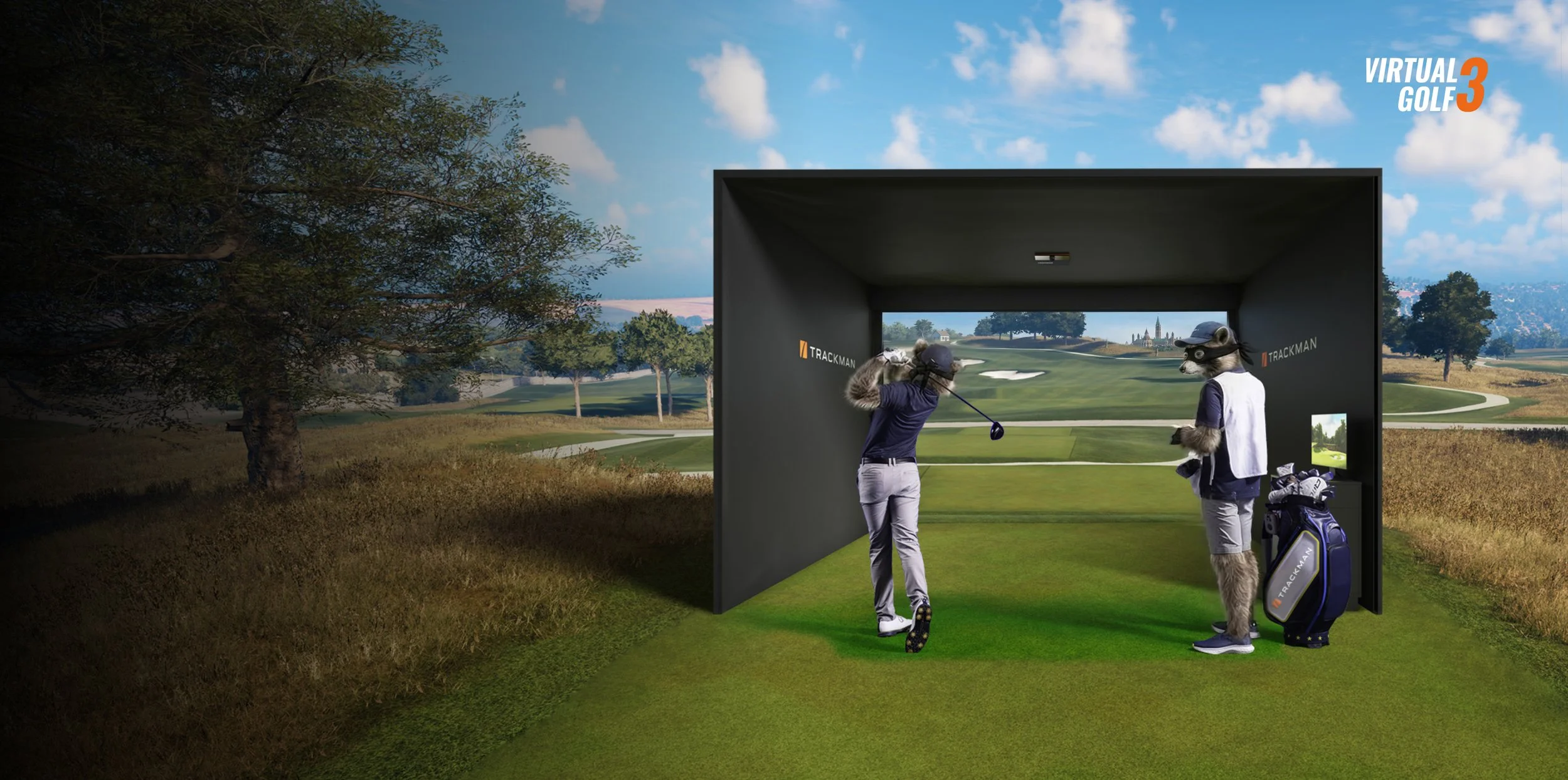 A couple of racoons wearing bandit masks getting ready to tee off with an indoor Trackman golf simulator