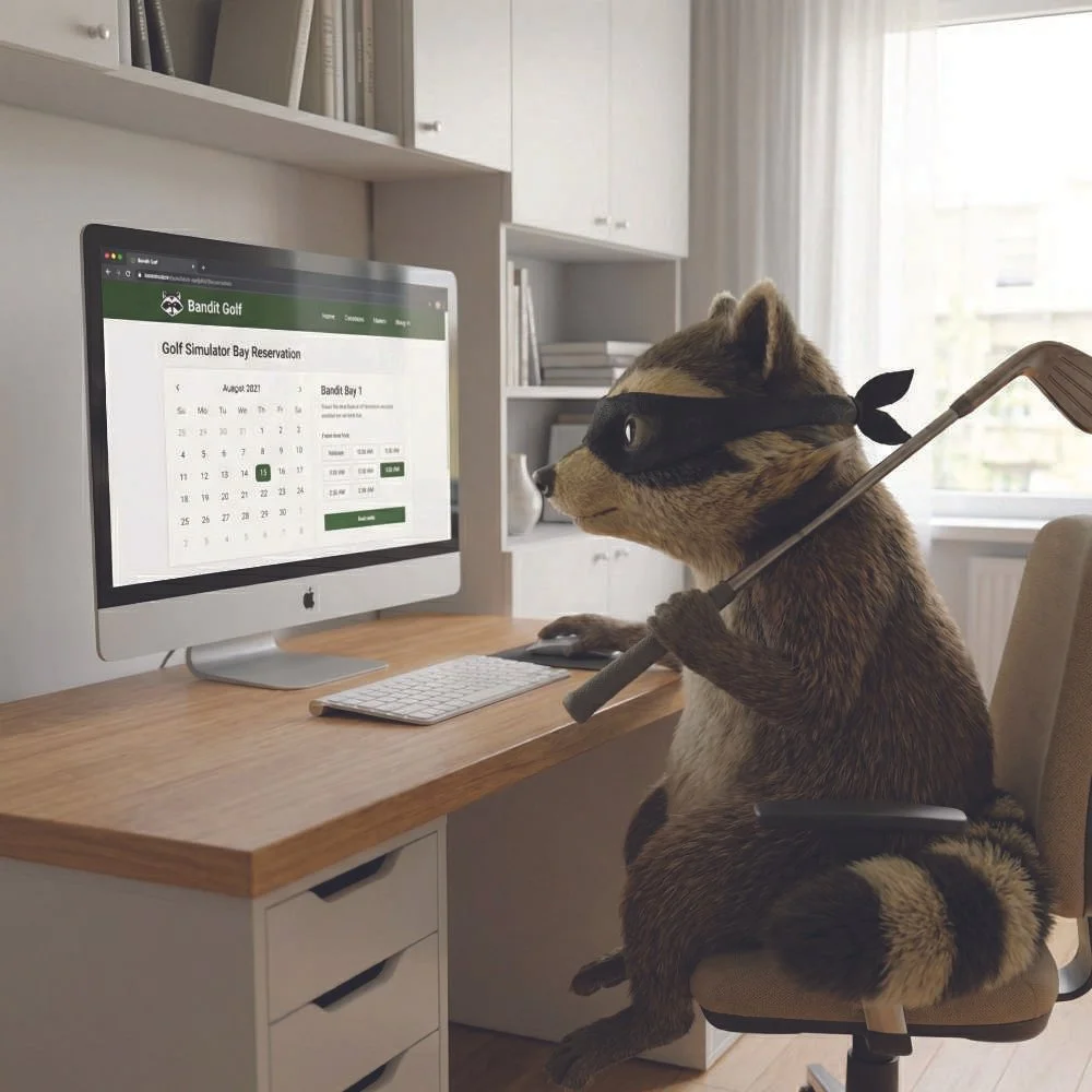 Bobby Bandit booking a golf sim session at a computer