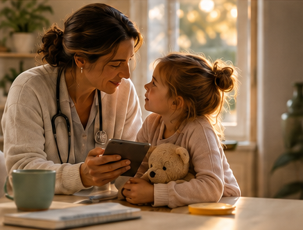 A female medical professional speaking with a young girl in a medical setting, with the girl holding a teddy bear and a cup on the table. representation of the Pediatric Care moment medical provides