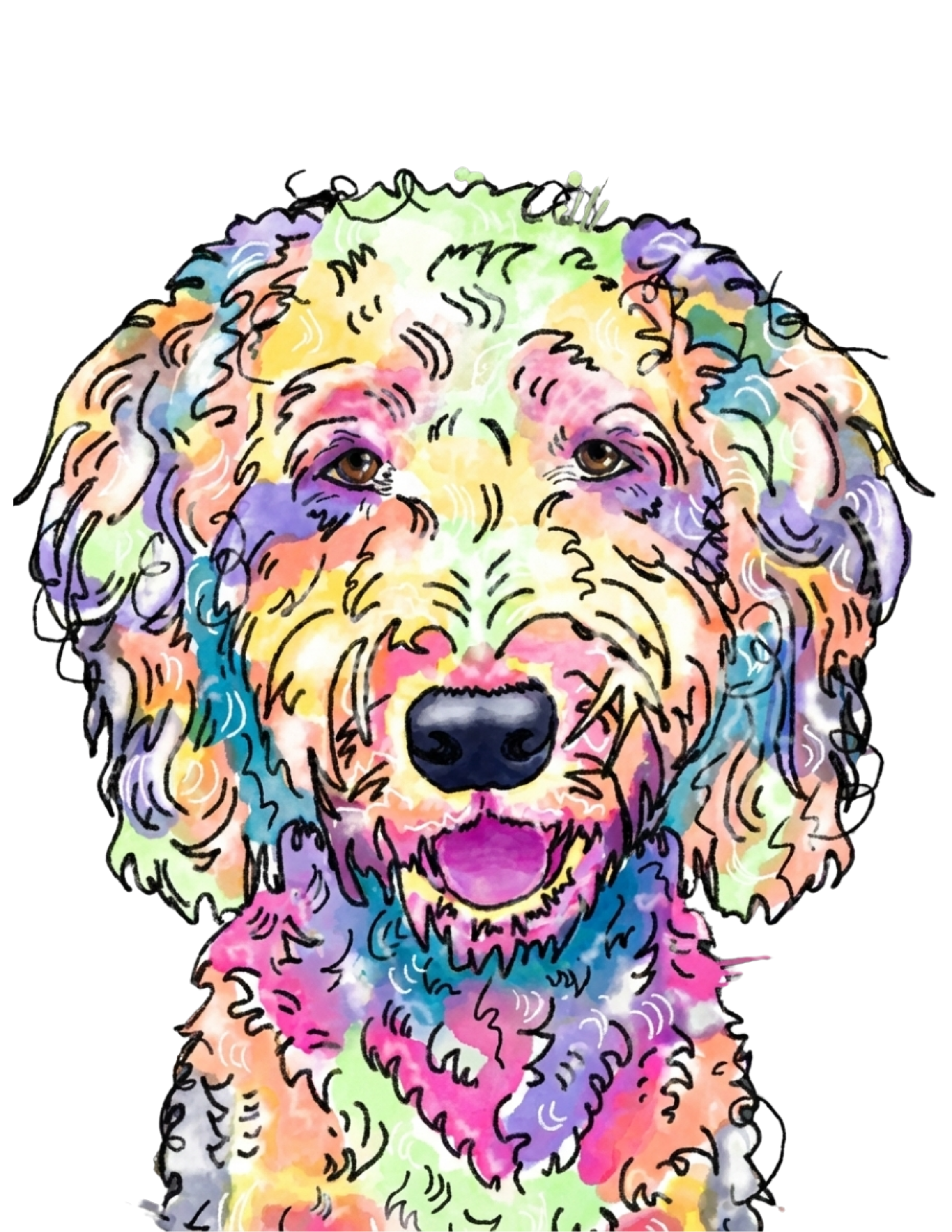 Colorful illustration of a dog with a black background, featuring a mix of pastel colors and sketchy lines.