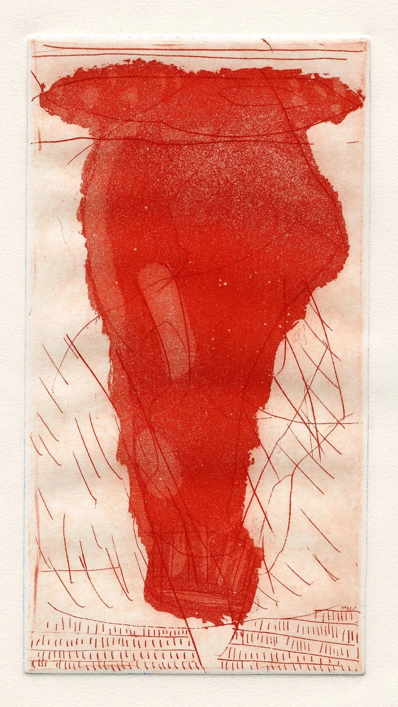 Red abstract drawing of a tree on white paper, with lines and sketchy details.