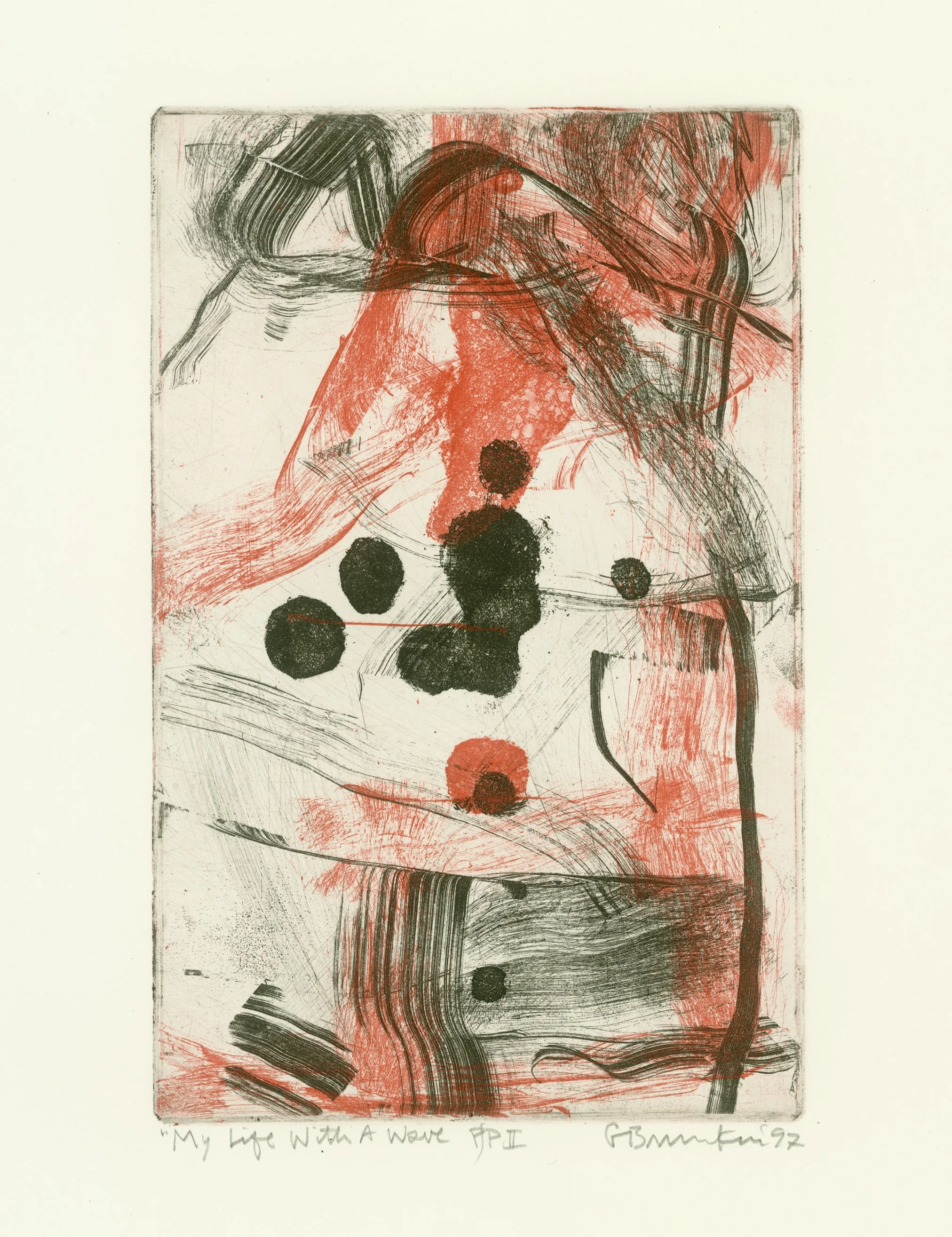 An abstract mixed media artwork featuring black and red ink and pencil strokes on paper, with a handwritten caption at the bottom that reads 'My Life With A Wave API G. Baum 92'.