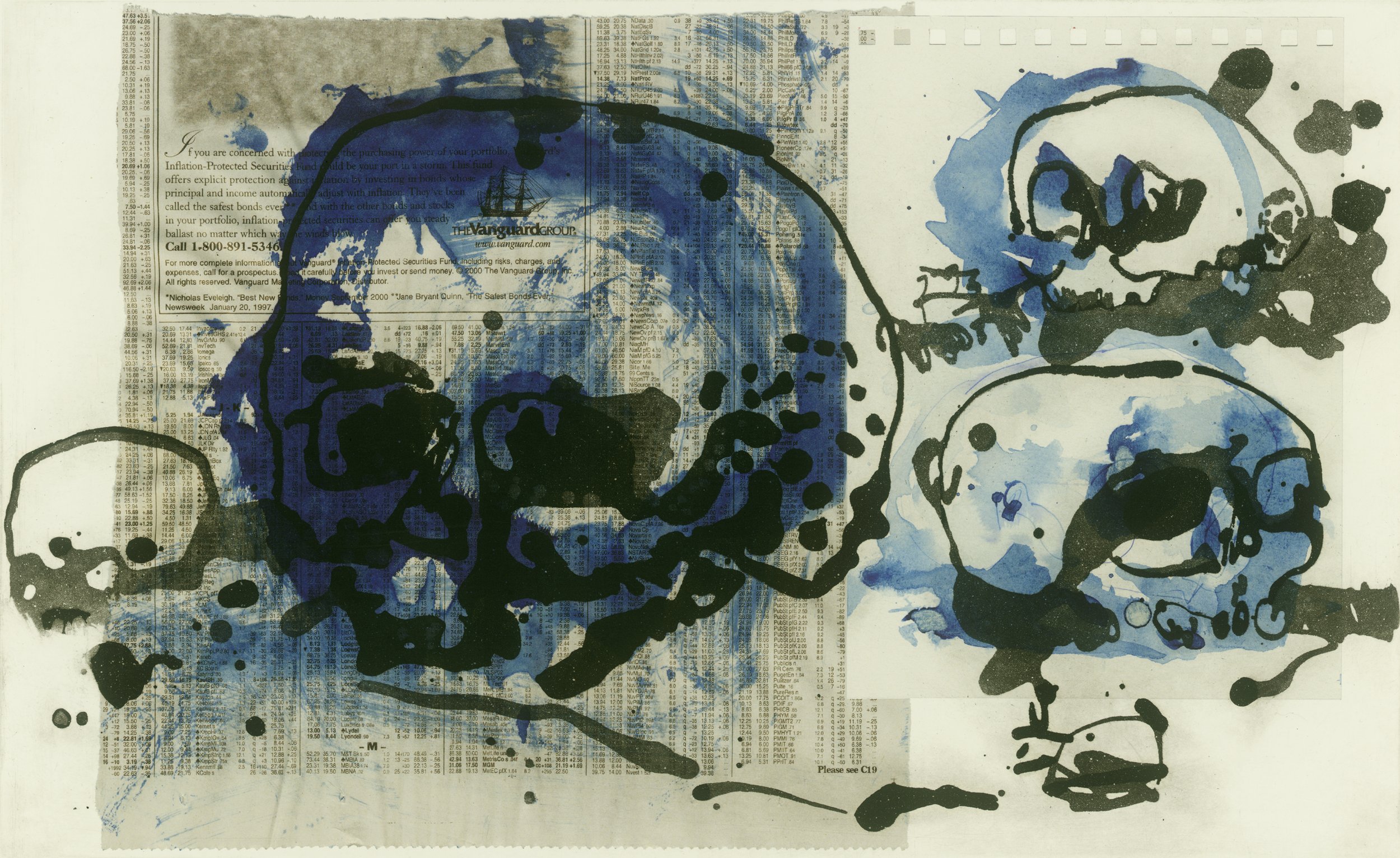 An abstract artwork combining digital print media with painted splatters and lines in black and blue on top of a newspaper or stock market data background.