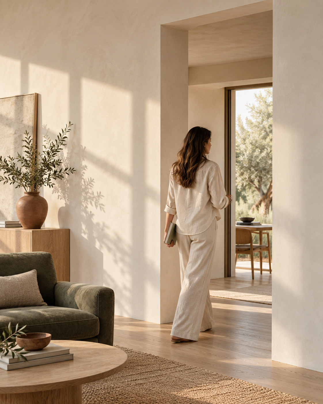 Woman walking through a warm, sunlit home with sage and evergreen accents, representing whole-person wellness during life transitions.