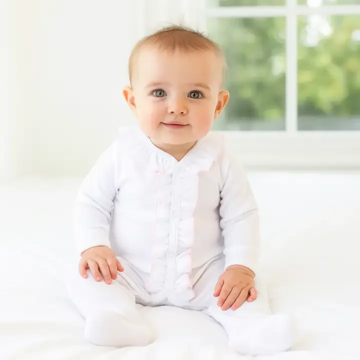 essentials white footie with pink trim.webp
