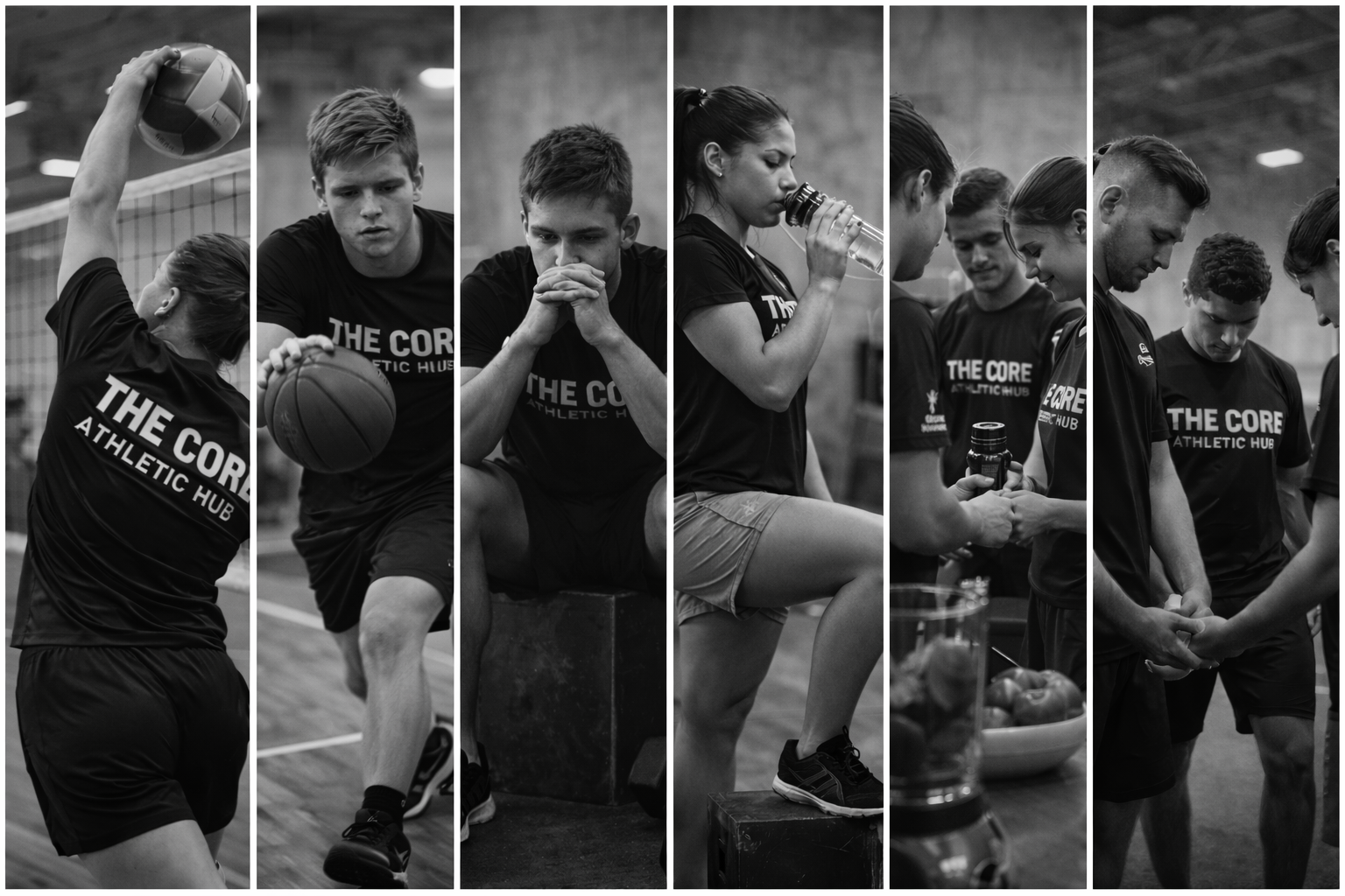 Black and white photo of athletic individuals in a gym, engaged in various activities like playing volleyball, lifting weights, and receiving encouragement.