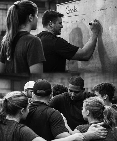 Two groups of people, one group standing in front of a whiteboard writing goals, and another group in a circle engaged in a discussion or team activity.
