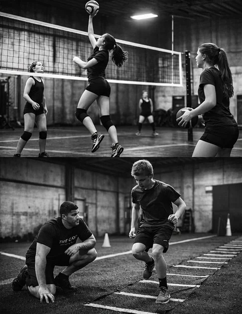 Black and white photo of a volleyball game with four women on the court, and a fitness trainer with a young boy performing agility drills with cones and a ladder.