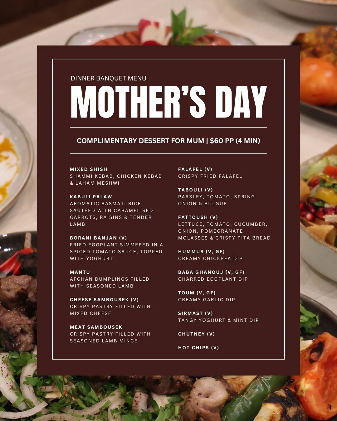 Celebrate Mum with a Beautiful Sufra!

Our Mother&rsquo;s Day breakfast &amp; dinner banquets are designed to be shared, savoured, and remembered.

Bookings are filling fast! Treat Mum to a beautiful Sufra experience this Mother&rsquo;s Day, with a c