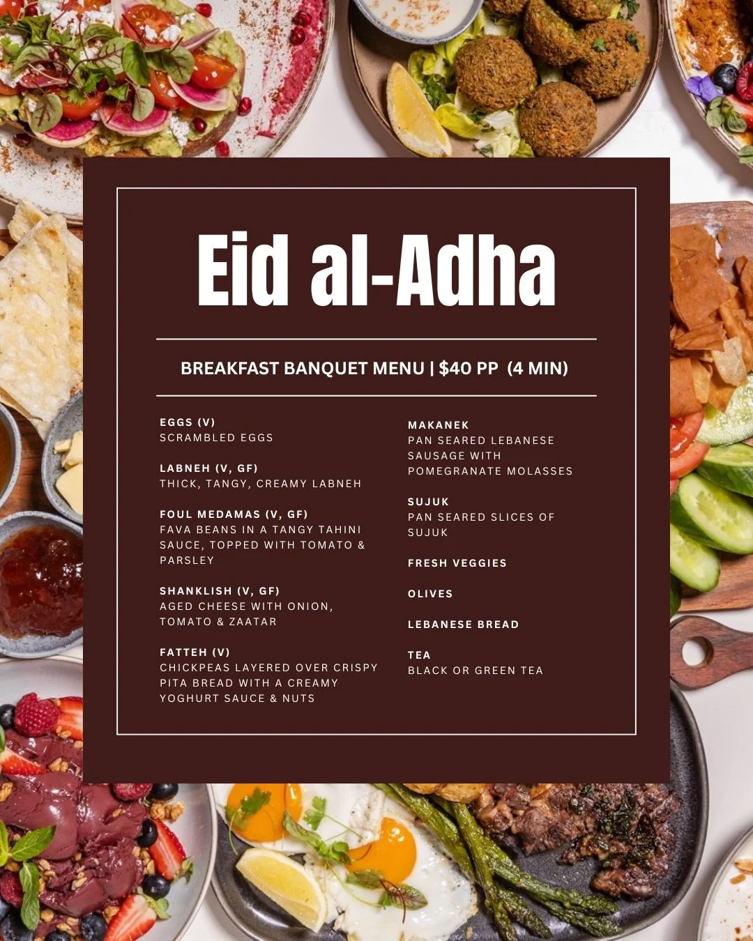 Eid al-Adha bookings are now open! 

The banquets you loved are back again, ready to be shared and enjoyed for all your Eid celebrations. Breakfast and Dinner Banquets available!

Celebrate Eid with a unforgettable Sufra, with those you love 🌙❤️ #sy