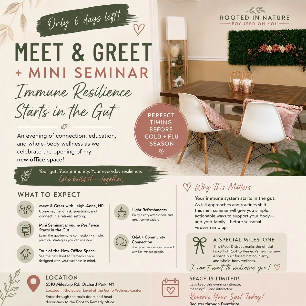 Only 6 days left until the Meet &amp; Greet + Mini Seminar. I&rsquo;m truly so excited for it. Fall is coming, routines are shifting, and this is the perfect time to learn how to support your gut + immune system. If you&rsquo;re planning to come, sen
