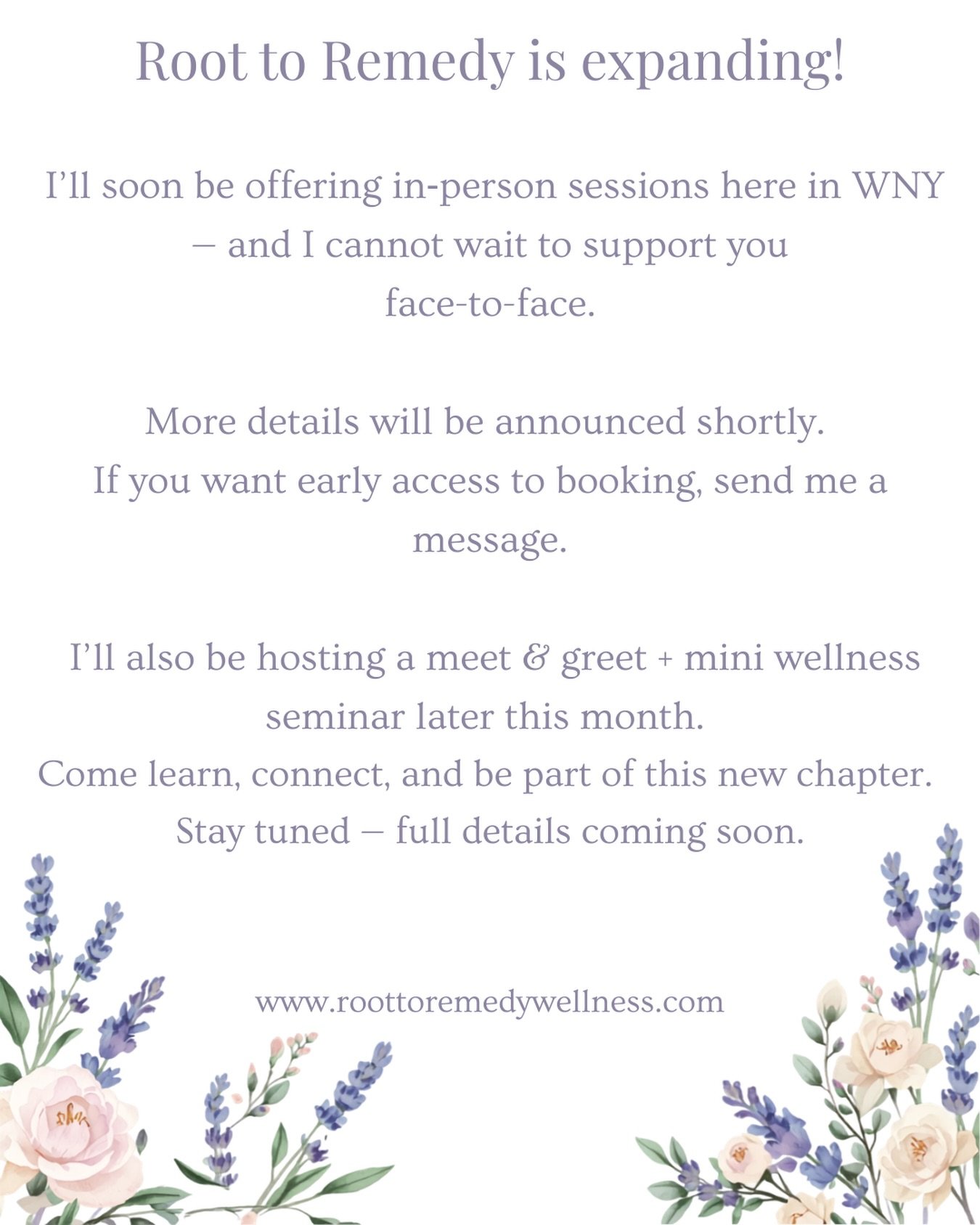 📣📣📣
Something special is coming to Root to Remedy...

I&rsquo;m opening in‑person appointments soon, and I can&rsquo;t wait to meet you in a space that feels supportive, calm, and intentional.

 If you want first access to booking, send me a messa