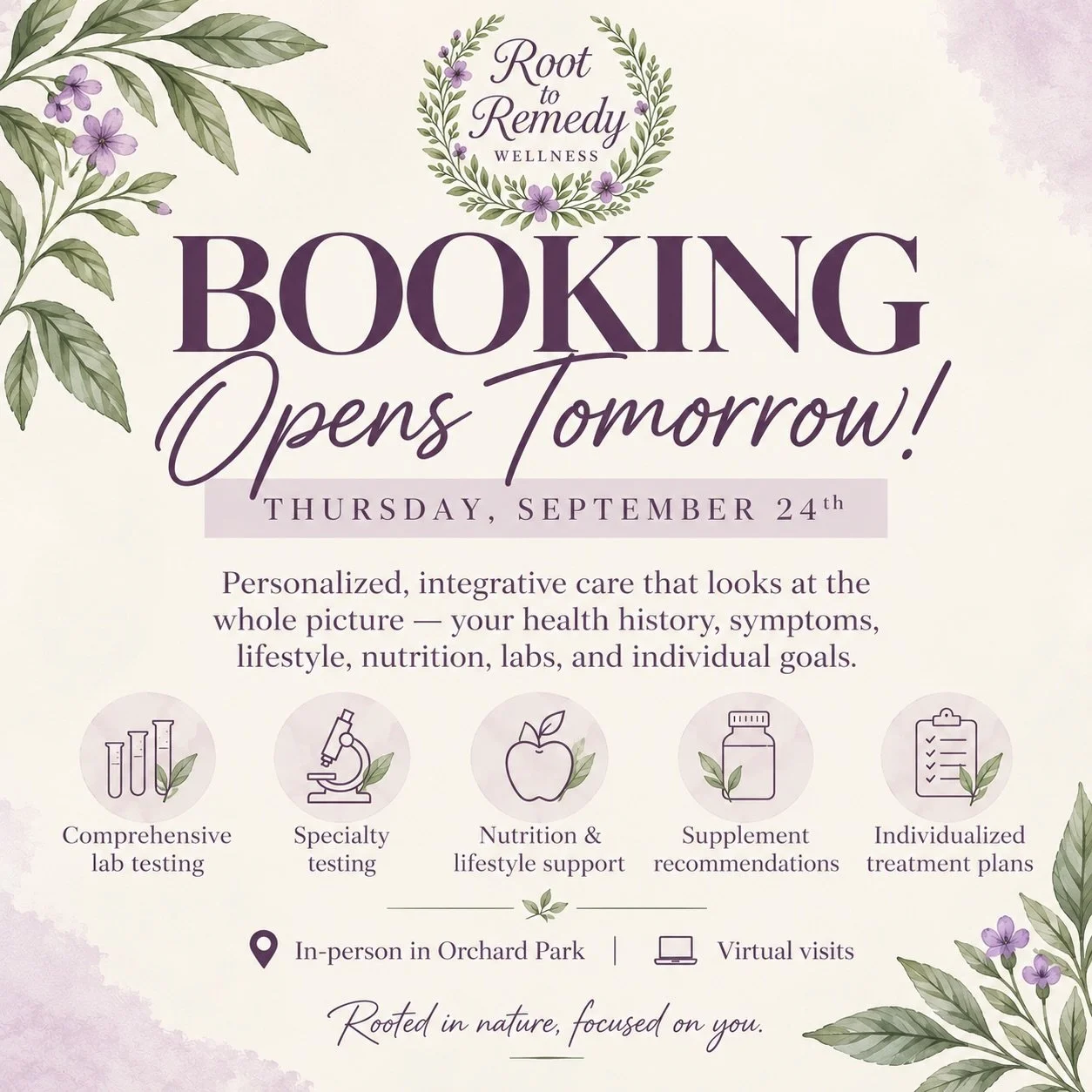 It&rsquo;s official &mdash; booking opens tomorrow! 🌿

I&rsquo;m so excited to begin this next chapter of Root to Remedy Wellness and officially offer integrative nurse practitioner services.

My approach is centered around taking the time to look a