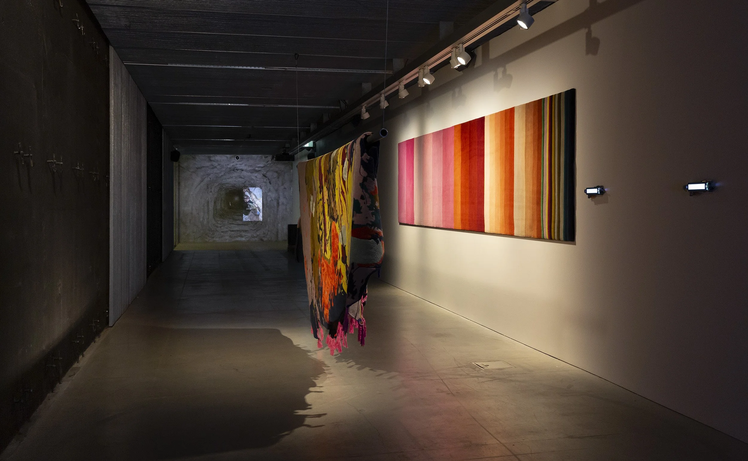 Installation view of works by Emma Jackson (foreground) and Joel Sherwood Spring (background), in Deep Time Real Time, RMIT Design Hub
