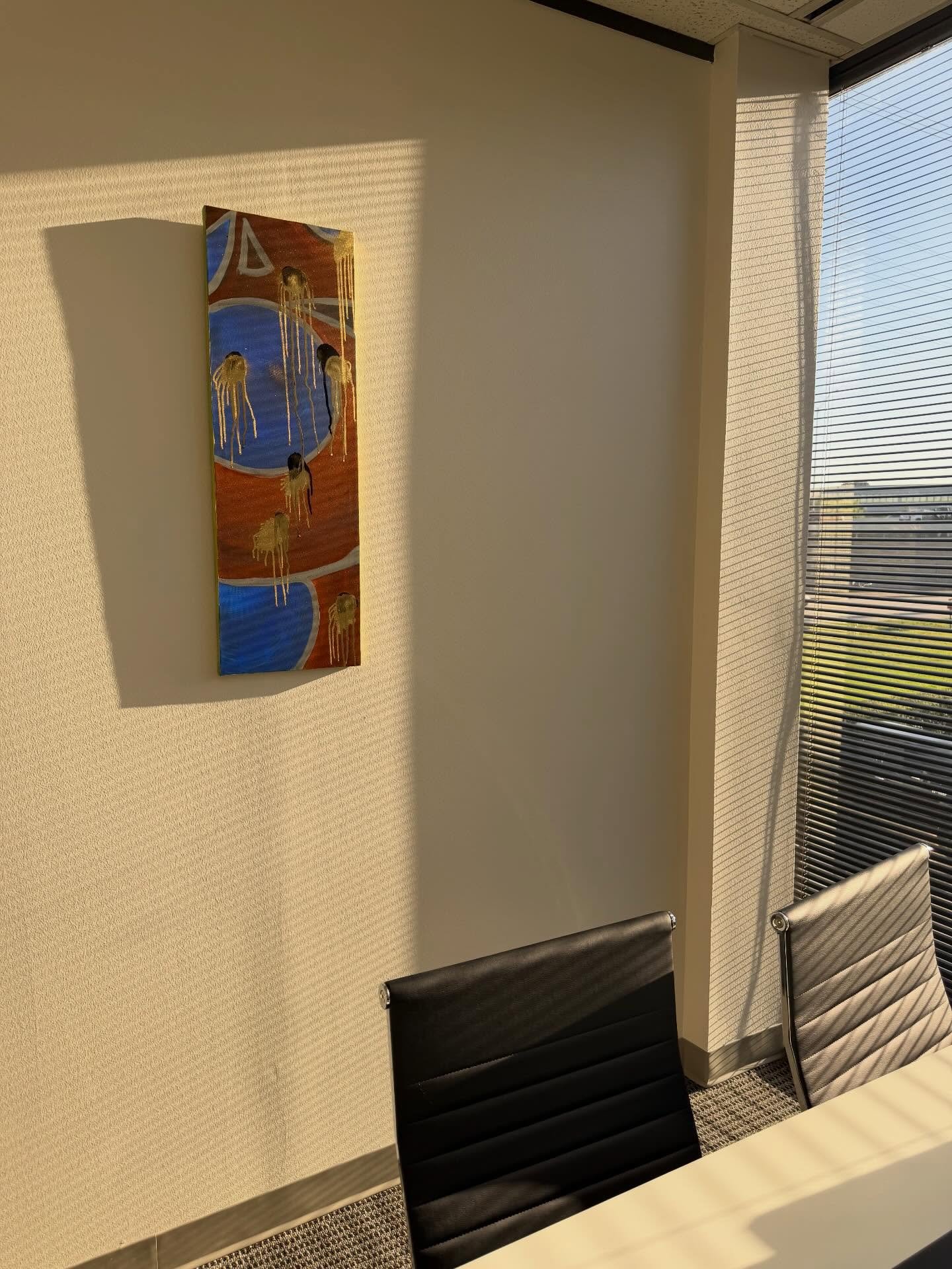 When the sun hits. This one currently resides at @ijlaw.us conference room. 
Untitled.
Acrylic and spray paint on canvas. 
2024. 
33.5&rdquo;x11.5&rdquo;
#art