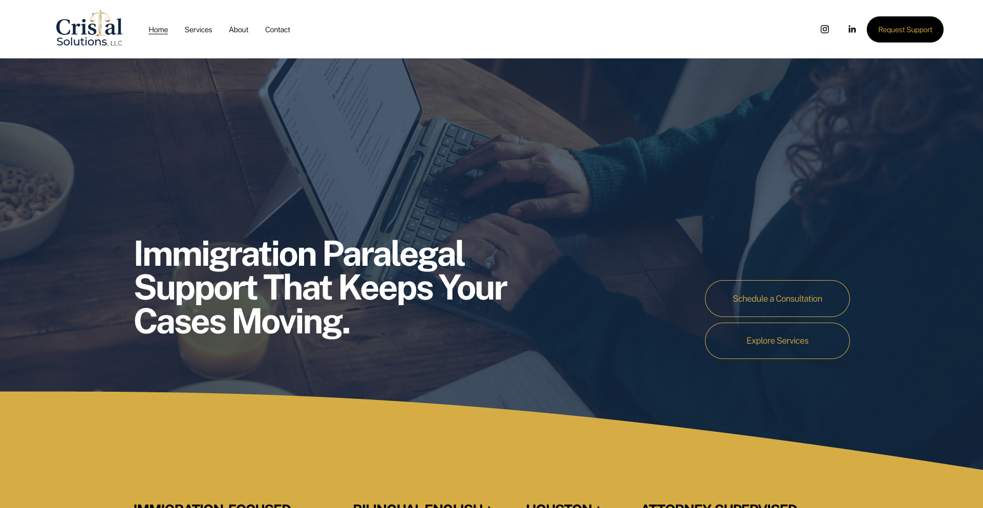 Homepage of Crisal Solutions LLC showing a person typing on a laptop at a wooden desk, with buttons to schedule a consultation and explore services.