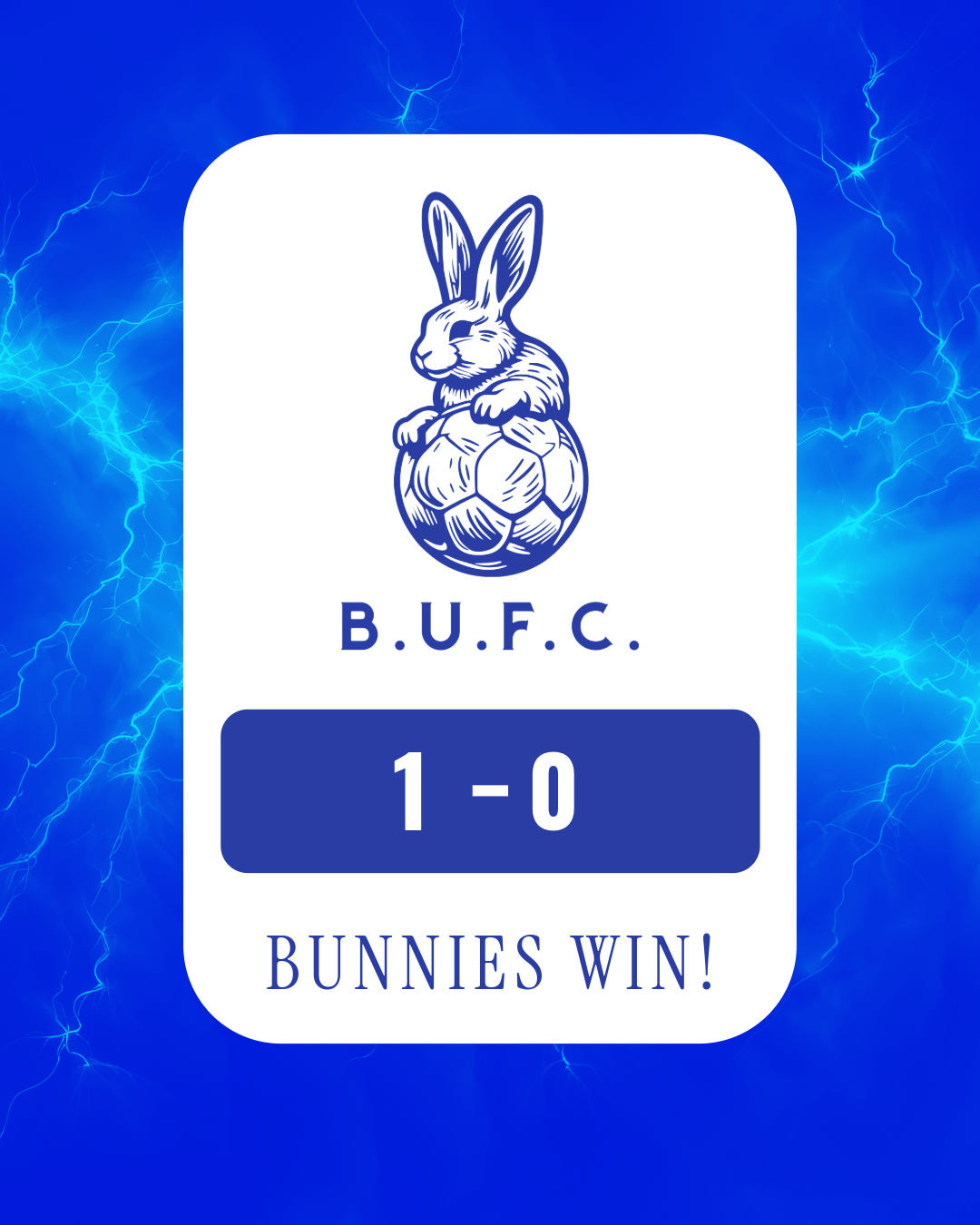 Blue electric background with a white graphic of a rabbit sitting on a soccer ball. Text below reads 'B.U.F.C.', '1-0', and 'Bunnies Win!'.