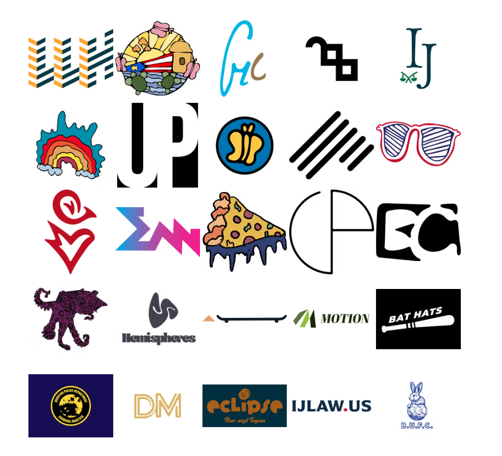 A collection of various logos including a rainbow, a pizza slice, a unicorn, and a police badge.