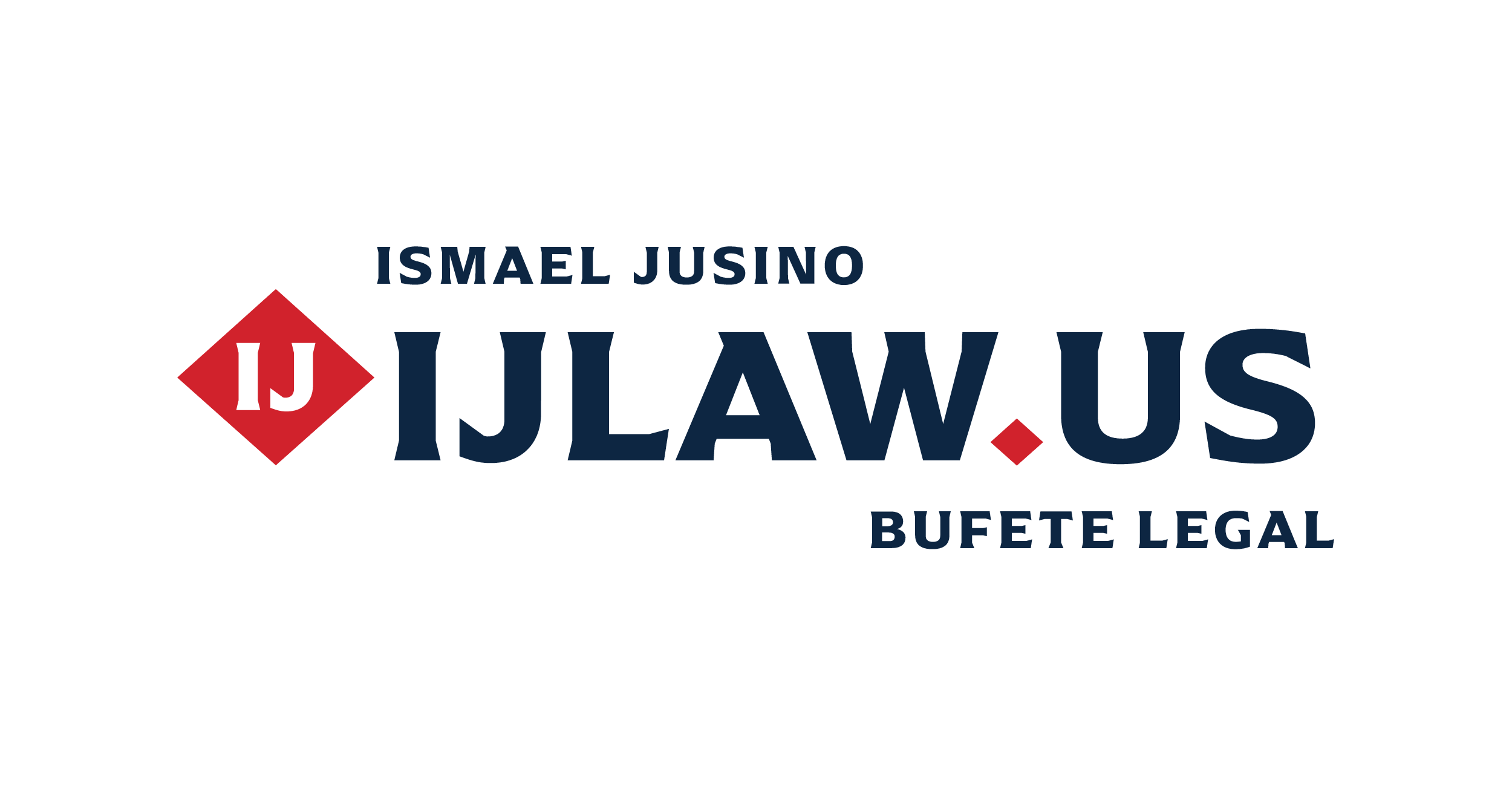 Logo for Ismael Jusino Jlaw.us legal services, featuring a red diamond with initials IJ on the left and bold navy blue text spelling "ISMAEL JUSINO JLAW.US" with a smaller subtitle "BUFETE LEGAL".